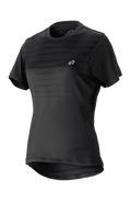 Alpinestars Stella Alps Constellation Jersey voor dames, mountainbikeshirt met korte mouwen, zwart met subtiele horizontale strepen op de borst, klein wit logo, ronde hals, verlengde achterzijde voor extra dekking, lichtgewicht ademende stof voor MTB
