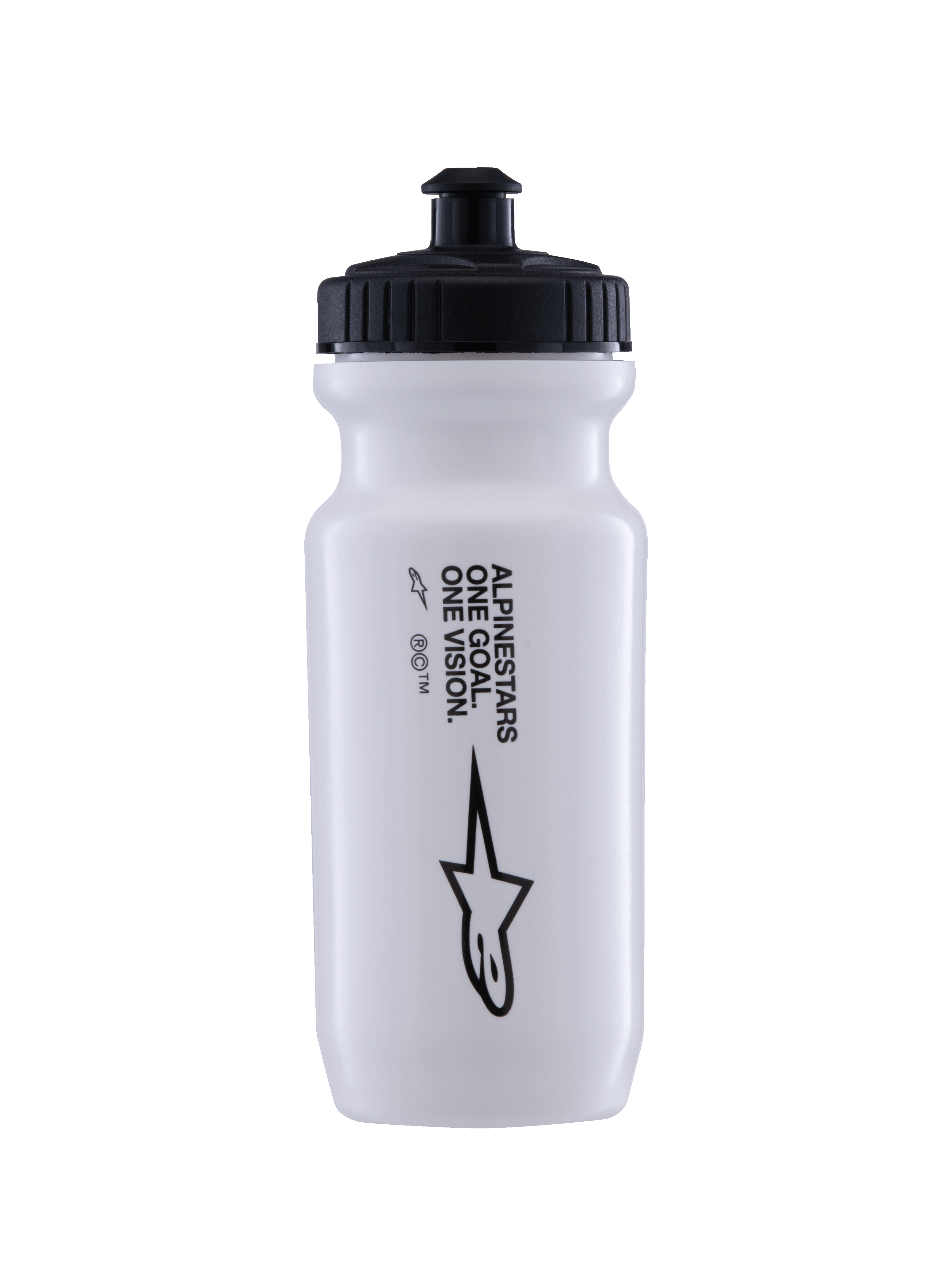 Alpinestars Waterfles Ogov 20oz, wit met zwarte dop, tekst 'One Goal One Vision' en Alpinestars logo, push-pull drinktuit, cilindrisch knijpbaar ontwerp voor hydratatie tijdens het fietsen