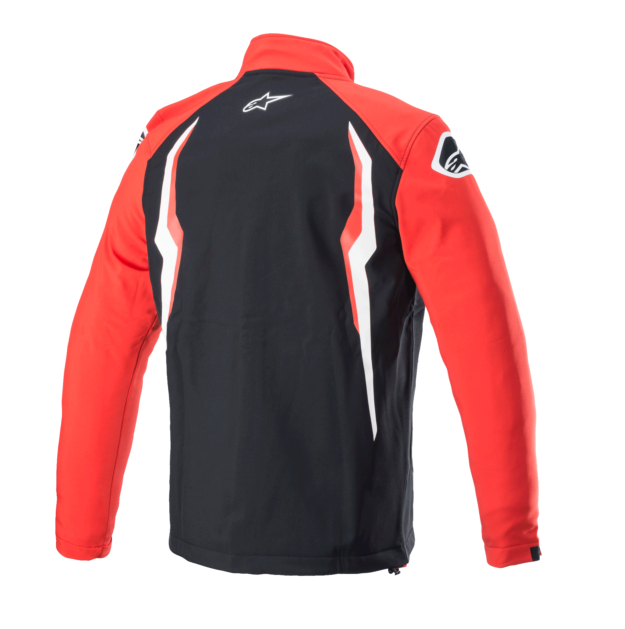 Alpinestars Honda Softshell jas, rood en zwart, achteraanzicht met zwart middenpaneel en rode mouwen, witte en rode contrastgraphics, Alpinestars-logo op de nek en schouder, sportief softshell-ontwerp geïnspireerd op de motorsport