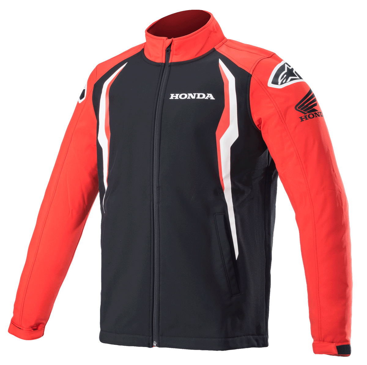 Alpinestars Honda Softshell Jas, sportjas, rood en zwart met witte accenten, contrastpanelen, hoge kraag met ritssluiting, Honda- en Alpinestars-logo's op de borst en schouders, op de motorsport geïnspireerde lifestyle-kleding