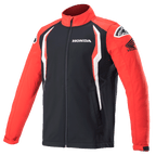 Alpinestars Honda Softshell Jas, sportjas, rood en zwart met witte accenten, contrastpanelen, hoge kraag met ritssluiting, Honda- en Alpinestars-logo's op de borst en schouders, op de motorsport geïnspireerde lifestyle-kleding