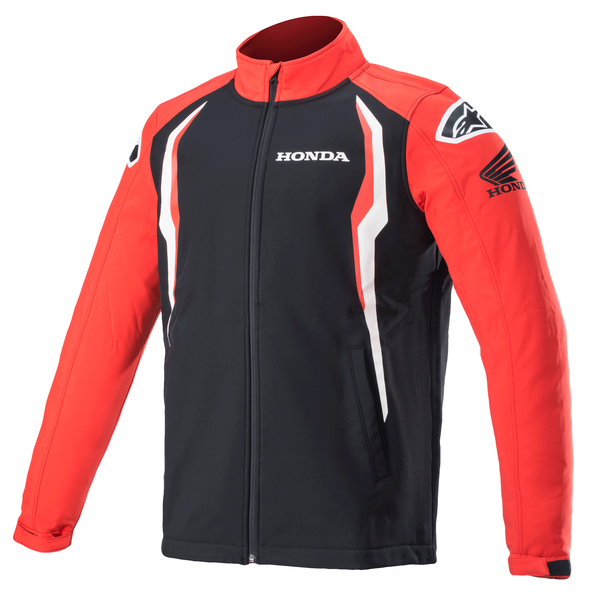 Alpinestars Honda Softshell Jas, sportjas, rood en zwart met witte accenten, contrastpanelen, hoge kraag met ritssluiting, Honda- en Alpinestars-logo's op de borst en schouders, op de motorsport geïnspireerde lifestyle-kleding