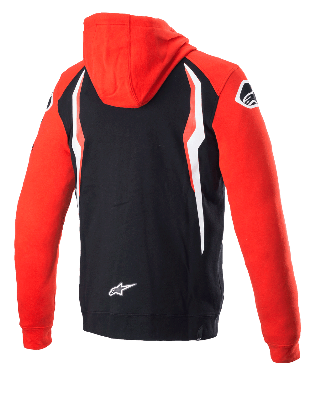 Alpinestars Honda Zip Hoodie, rood en zwart, achteraanzicht, co-branded fleece met rode capuchon en mouwen, zwarte achterkant met witte en rode contrastpanelen, Alpinestars sterlogo op de onderrug, casual motorsport-geïnspireerde streetwear