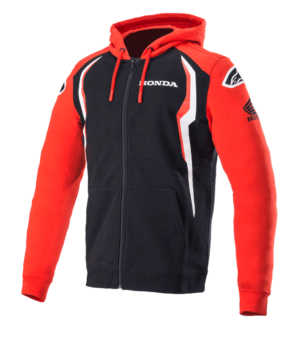 Alpinestars Honda Zip Hoodie, sweatshirt met volledige rits en capuchon, rood en zwart met witte accenten, Honda-branding op de borst en mouw, Alpinestars-logo's op de schouders, capuchon met trekkoord, casual motorsportkleding