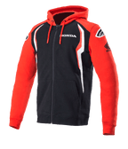 Alpinestars Honda Zip Hoodie, sweatshirt met volledige rits en capuchon, rood en zwart met witte accenten, Honda-branding op de borst en mouw, Alpinestars-logo's op de schouders, capuchon met trekkoord, casual motorsportkleding
