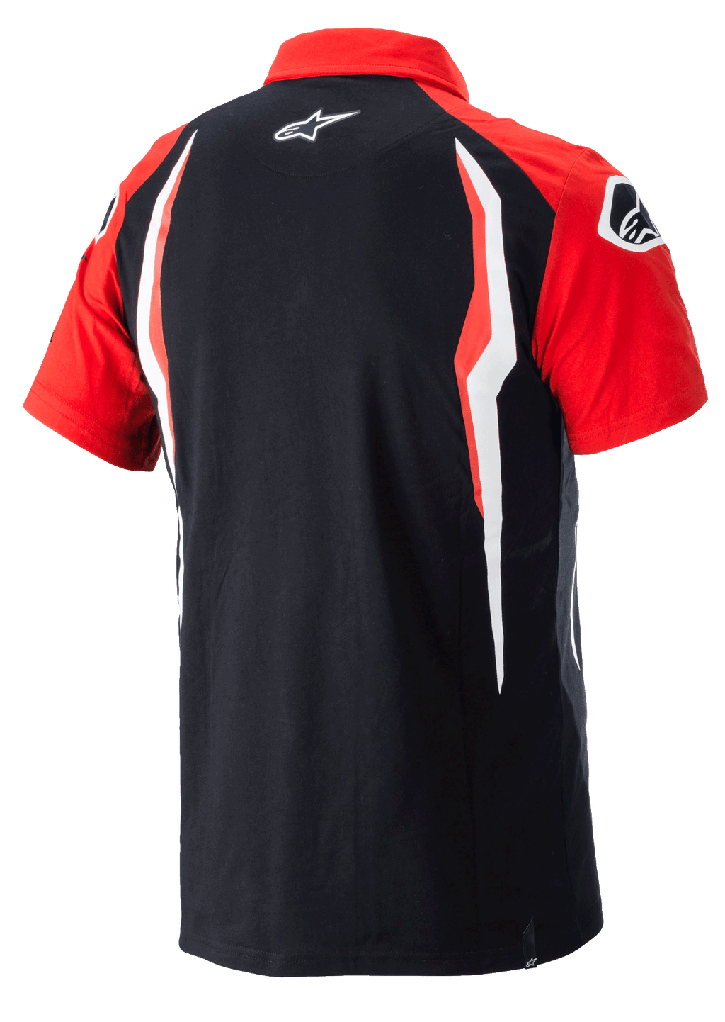 Alpinestars Honda Polo, polo met korte mouwen, rood en zwart, achteraanzicht met contrasterende zijpanelen en Alpinestars-logo op de rug, casual motorsport-sportkleding