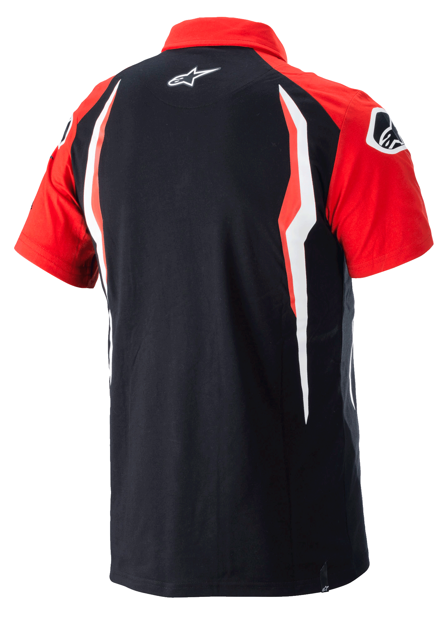 Alpinestars Honda Polo, polo met korte mouwen, rood en zwart, achteraanzicht met contrasterende zijpanelen en Alpinestars-logo op de rug, casual motorsport-sportkleding