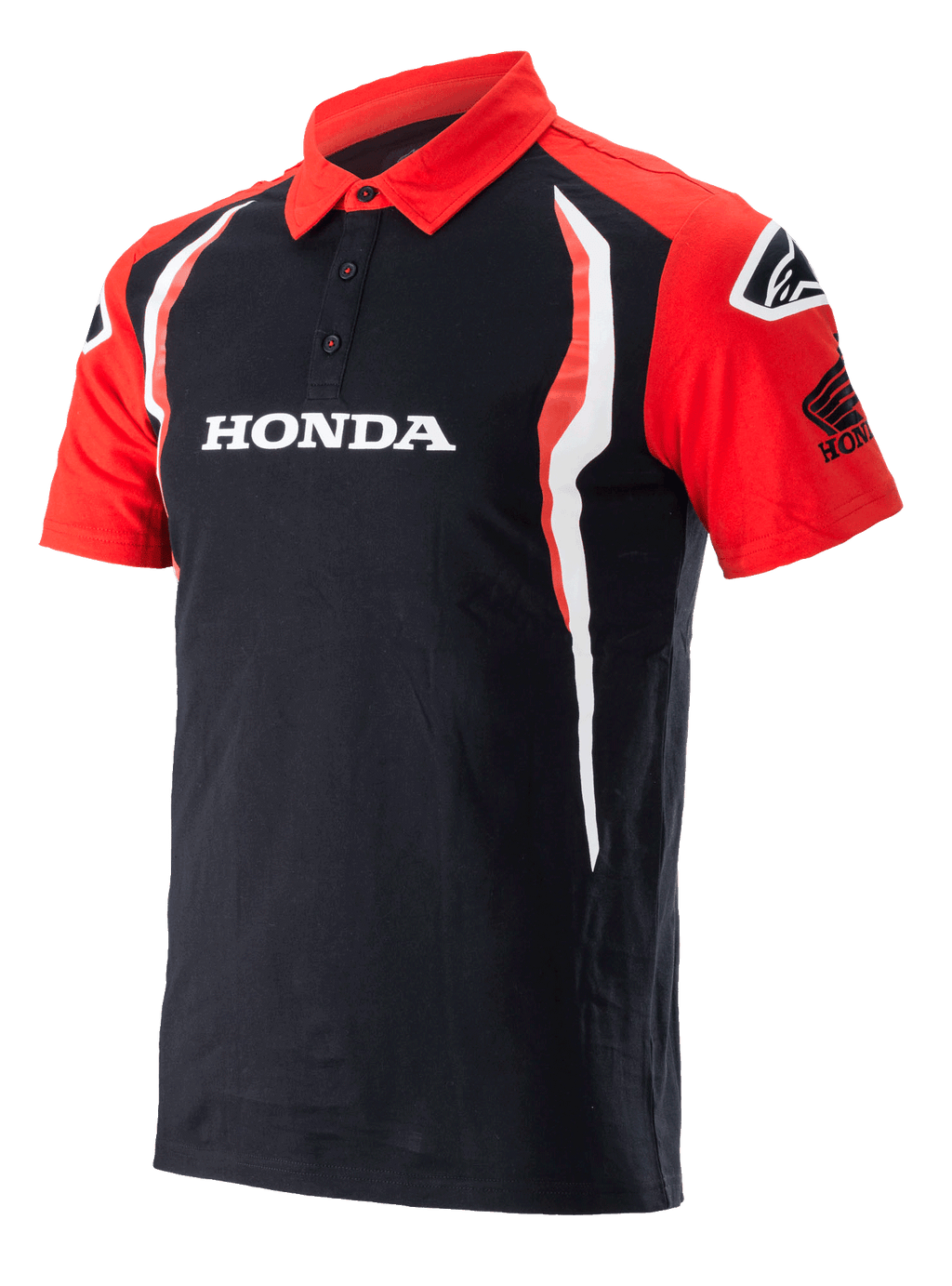 Alpinestars Honda polo, poloshirt met korte mouwen, zwart en rood, voorzien van een sluiting met drie knopen, wit Honda-logo op de borst, Honda Wing-logo op de mouw en verticale witte en rode zij-accenten.