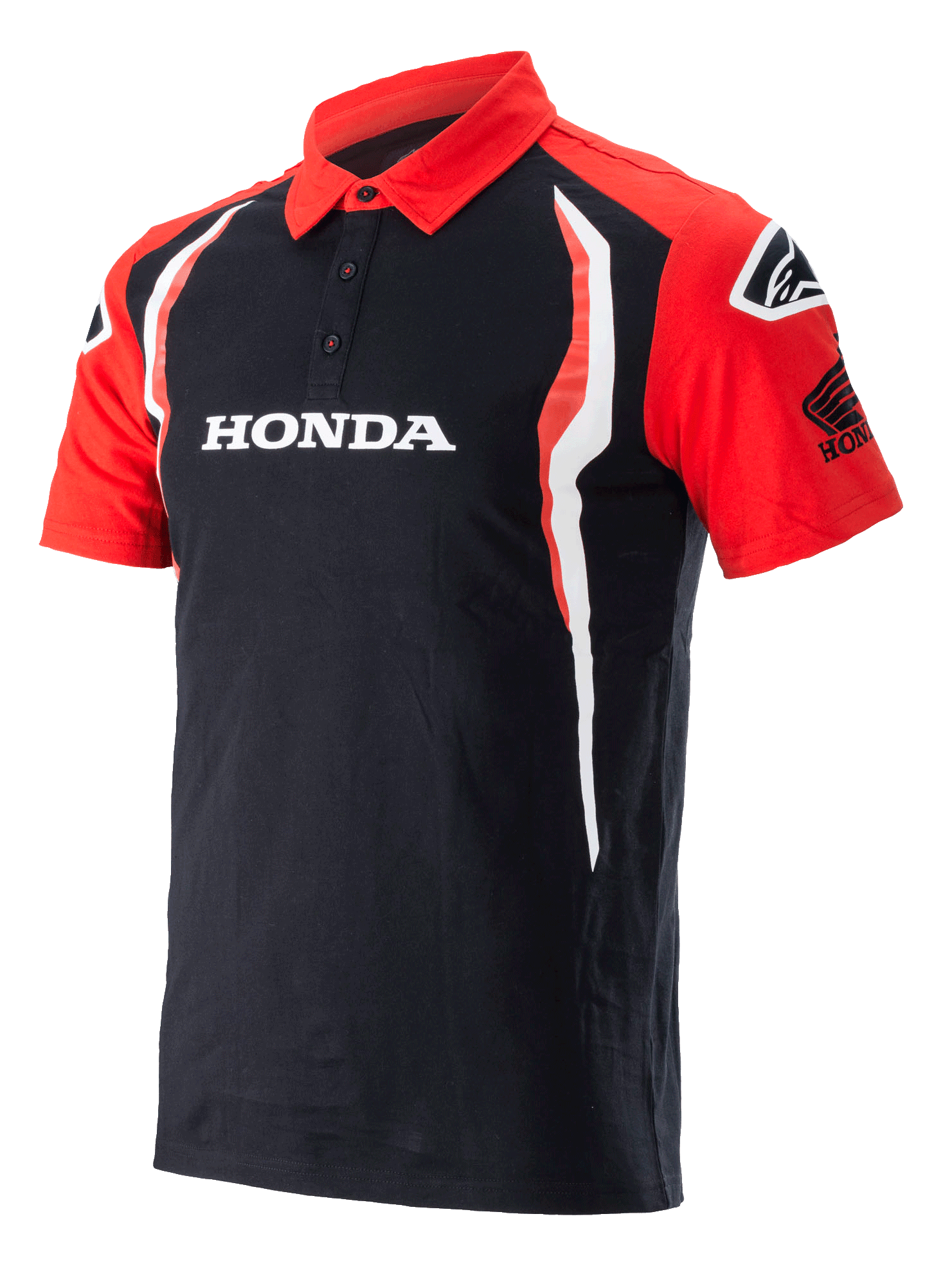 Alpinestars Honda polo, poloshirt met korte mouwen, zwart en rood, voorzien van een sluiting met drie knopen, wit Honda-logo op de borst, Honda Wing-logo op de mouw en verticale witte en rode zij-accenten.