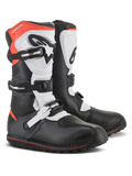 Alpinestars Tech-T laarzen, trial motorlaarzen, zwart wit en fluo rood, voorzien van een drievoudig gespsluitingssysteem, ergonomische scheenplaat, gestructureerde teenbescherming en een laag-profiel profielzool, technisch off-road schoeiselontwerp