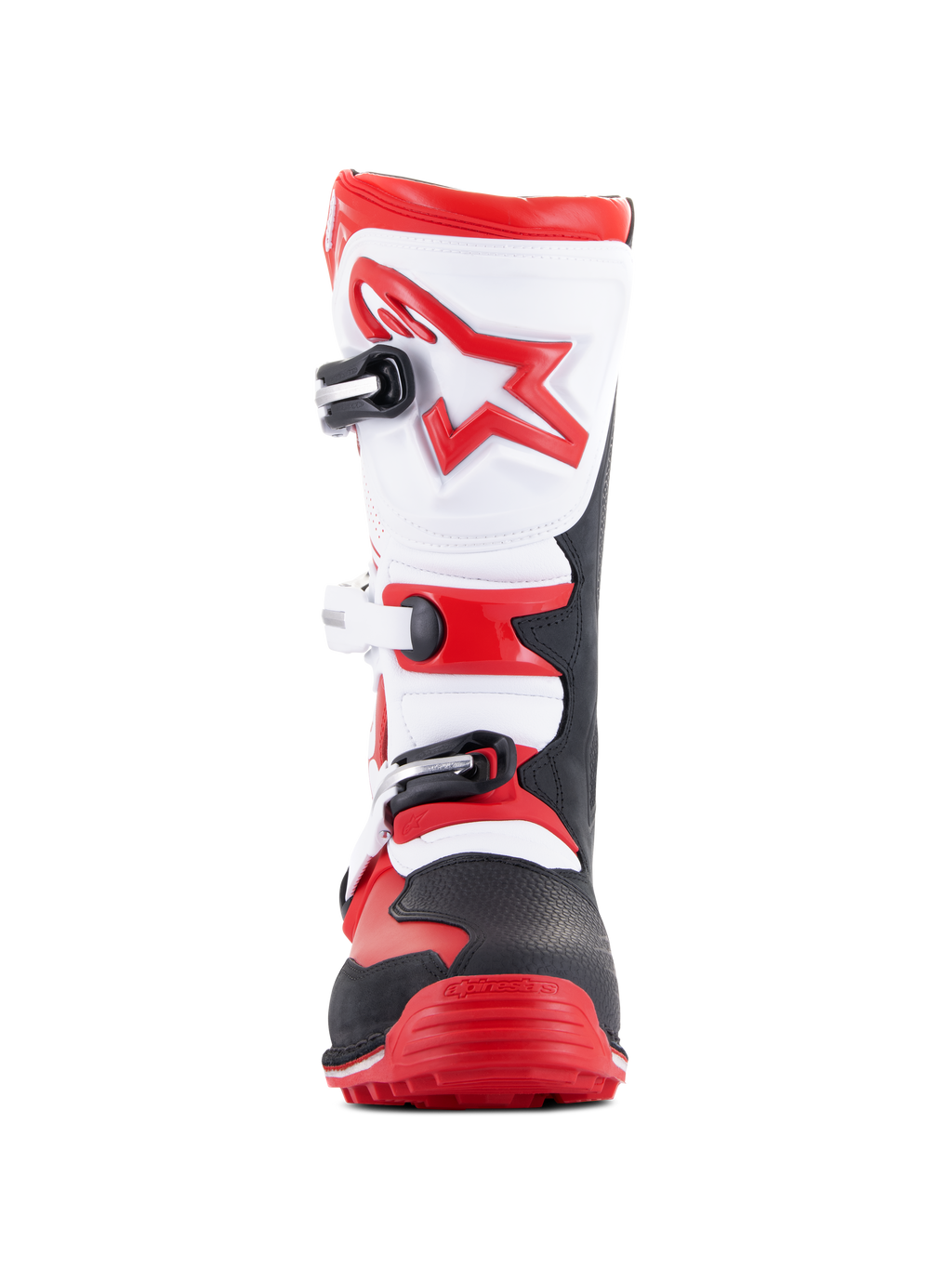 Alpinestars Tech-T laarzen, triallaarzen, felrood, zwart en wit, vooraanzicht met een ergonomische witte scheenplaat met een rood sterlogo, sluitingssysteem met drie gespen en een robuuste zwart-rode neus, ontworpen voor off-road trialrijden