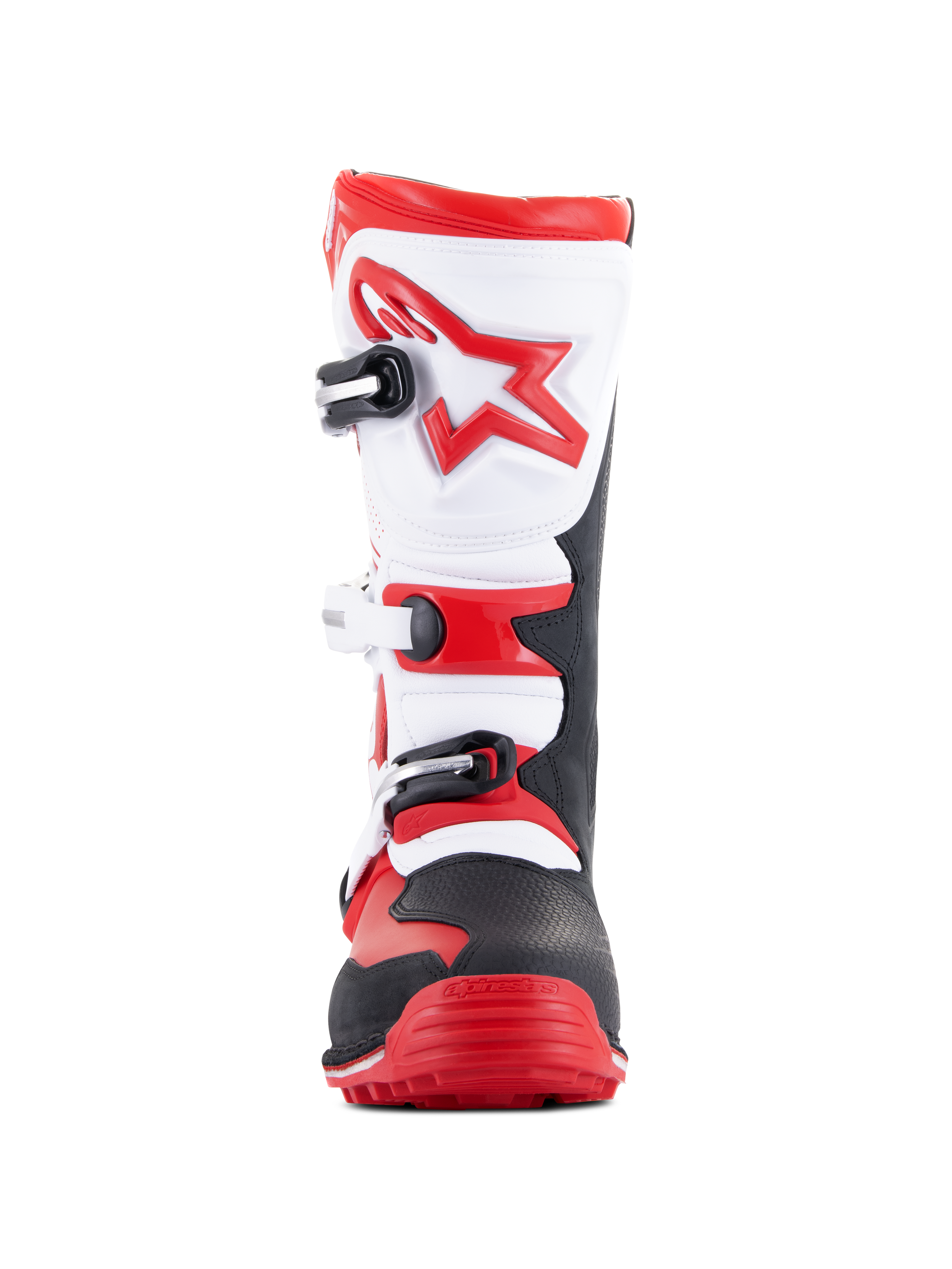 Alpinestars Tech-T laarzen, triallaarzen, felrood, zwart en wit, vooraanzicht met een ergonomische witte scheenplaat met een rood sterlogo, sluitingssysteem met drie gespen en een robuuste zwart-rode neus, ontworpen voor off-road trialrijden