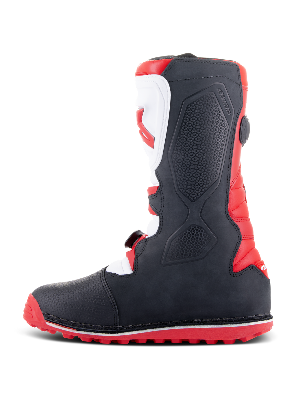 Alpinestars Tech-T laarzen, trial laarzen, helderrood zwart en wit, zijprofiel met ergonomische witte scheenplaat met rood logo, zwarte getextureerde panelen en rode zool met noppen voor off-road grip