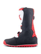 Alpinestars Tech-T laarzen, trial laarzen, helderrood zwart en wit, zijprofiel met ergonomische witte scheenplaat met rood logo, zwarte getextureerde panelen en rode zool met noppen voor off-road grip