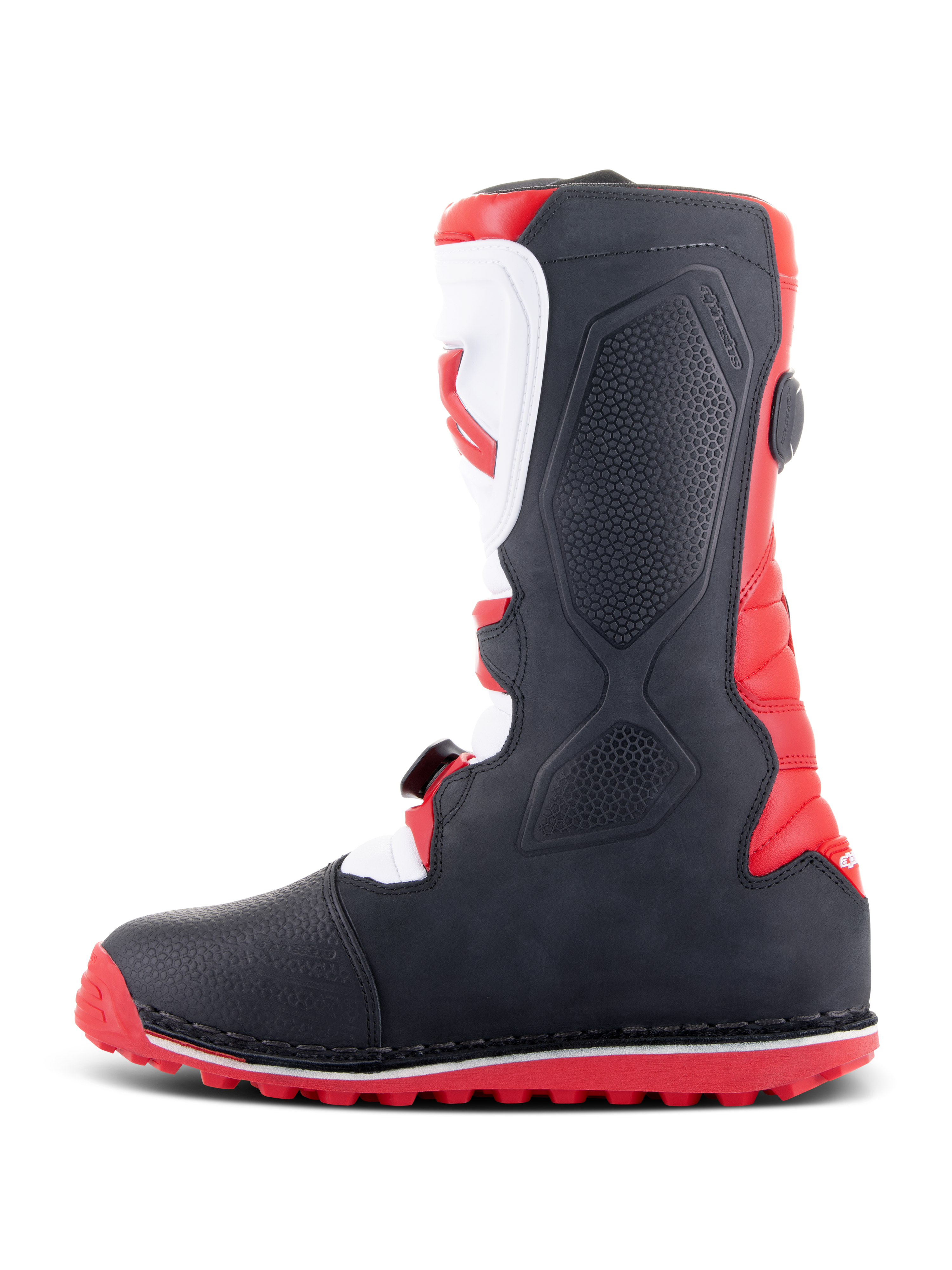 Alpinestars Tech-T laarzen, trial laarzen, helderrood zwart en wit, zijprofiel met ergonomische witte scheenplaat met rood logo, zwarte getextureerde panelen en rode zool met noppen voor off-road grip