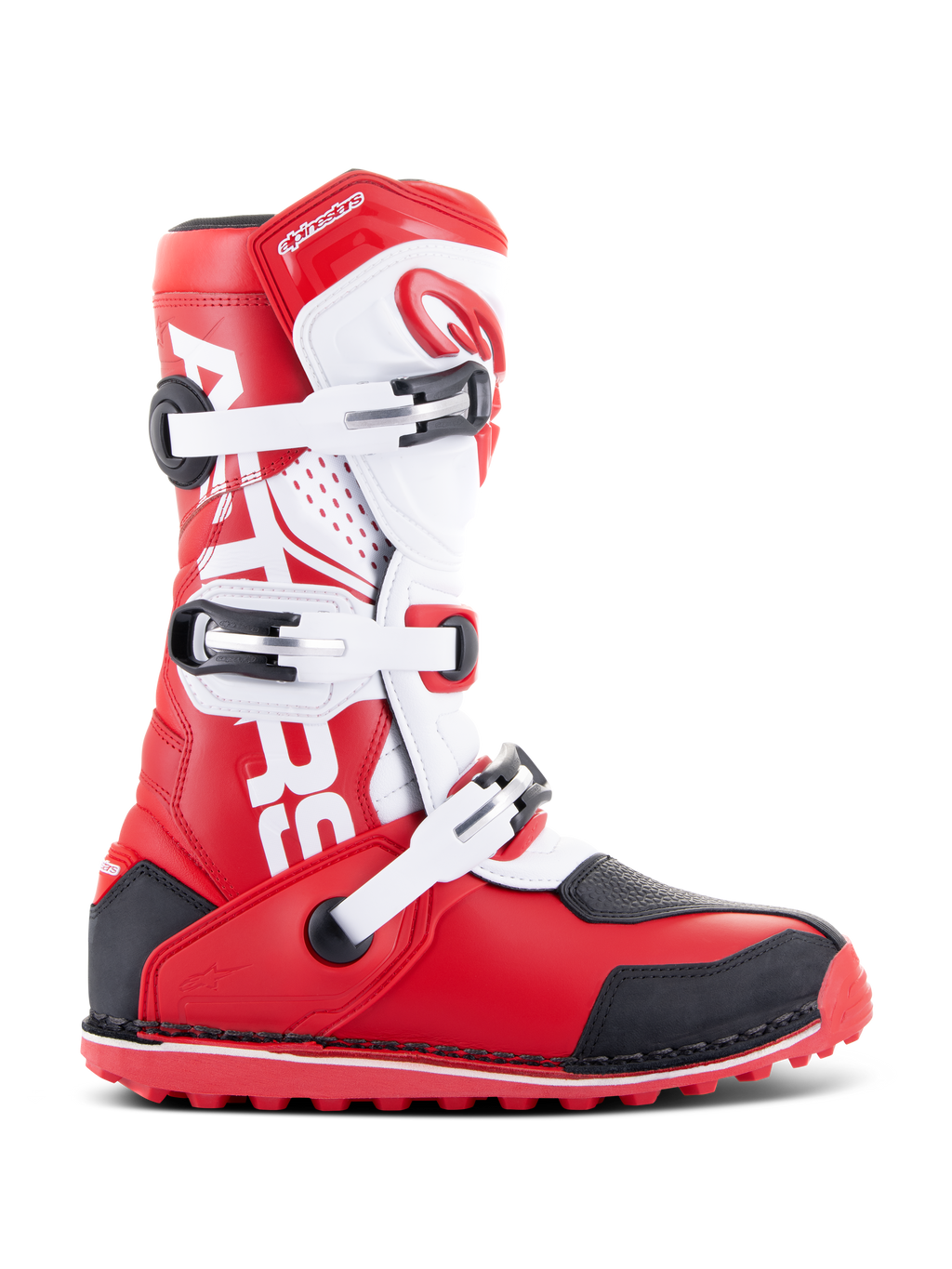Alpinestars Tech-T laarzen, trialmotorlaarzen, felrood, zwart en wit, met drie verstelbare gespen, ergonomische scheenplaat en rode zool met textuur voor off-road trialprestaties.