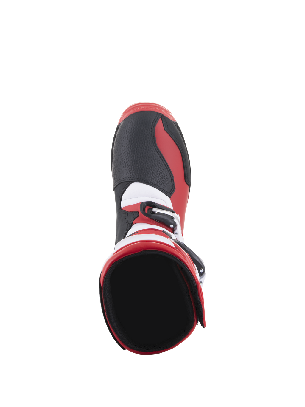 Alpinestars Tech-T laarzen, trial motorlaarzen, helderrood, zwart en wit, bovenaanzicht met de binnenkant van de enkelopening en de neus, zwarte panelen met textuur, rode zij-accenten en witte details, ontworpen voor off-road prestaties.