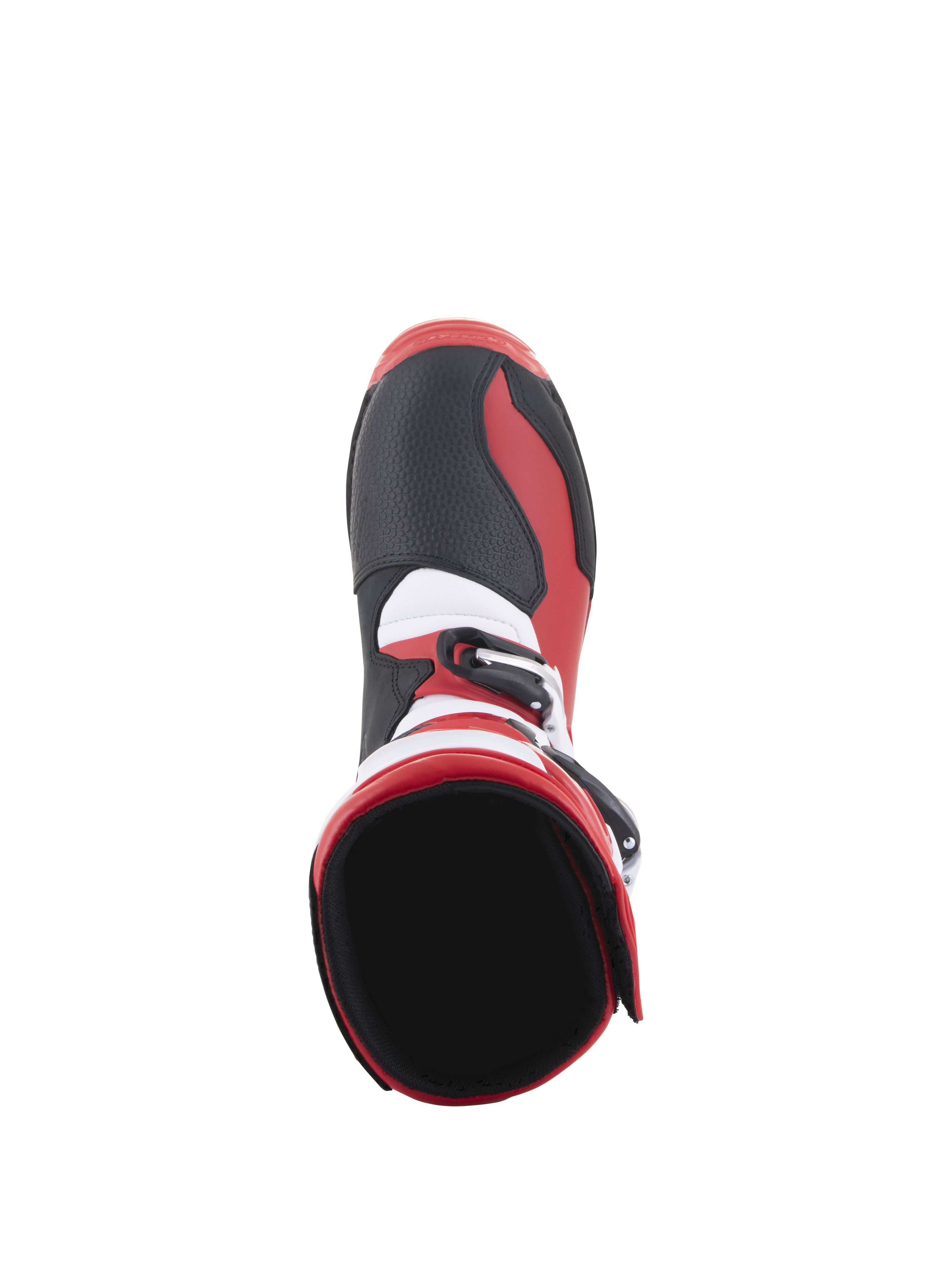 Alpinestars Tech-T laarzen, trial motorlaarzen, helderrood, zwart en wit, bovenaanzicht met de binnenkant van de enkelopening en de neus, zwarte panelen met textuur, rode zij-accenten en witte details, ontworpen voor off-road prestaties.