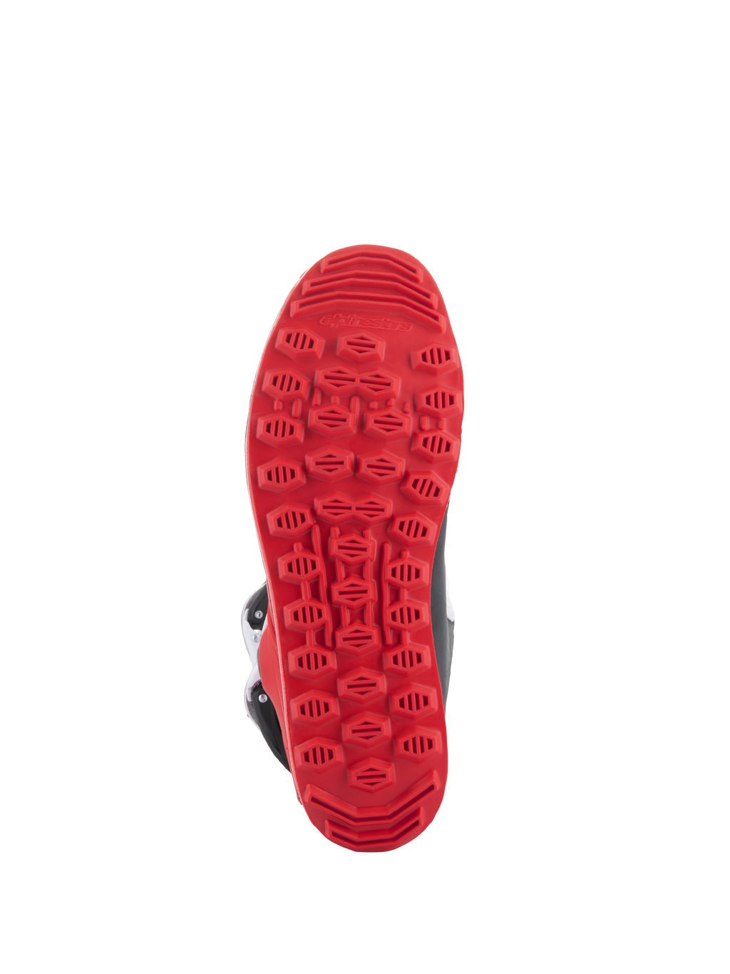 Alpinestars Tech-T laarzen, felrood zwart wit, speciaal ontwikkelde felrode rubberen zool met textuur voor optimale grip tijdens het trialrijden en maximale gevoeligheid op de voetsteunen