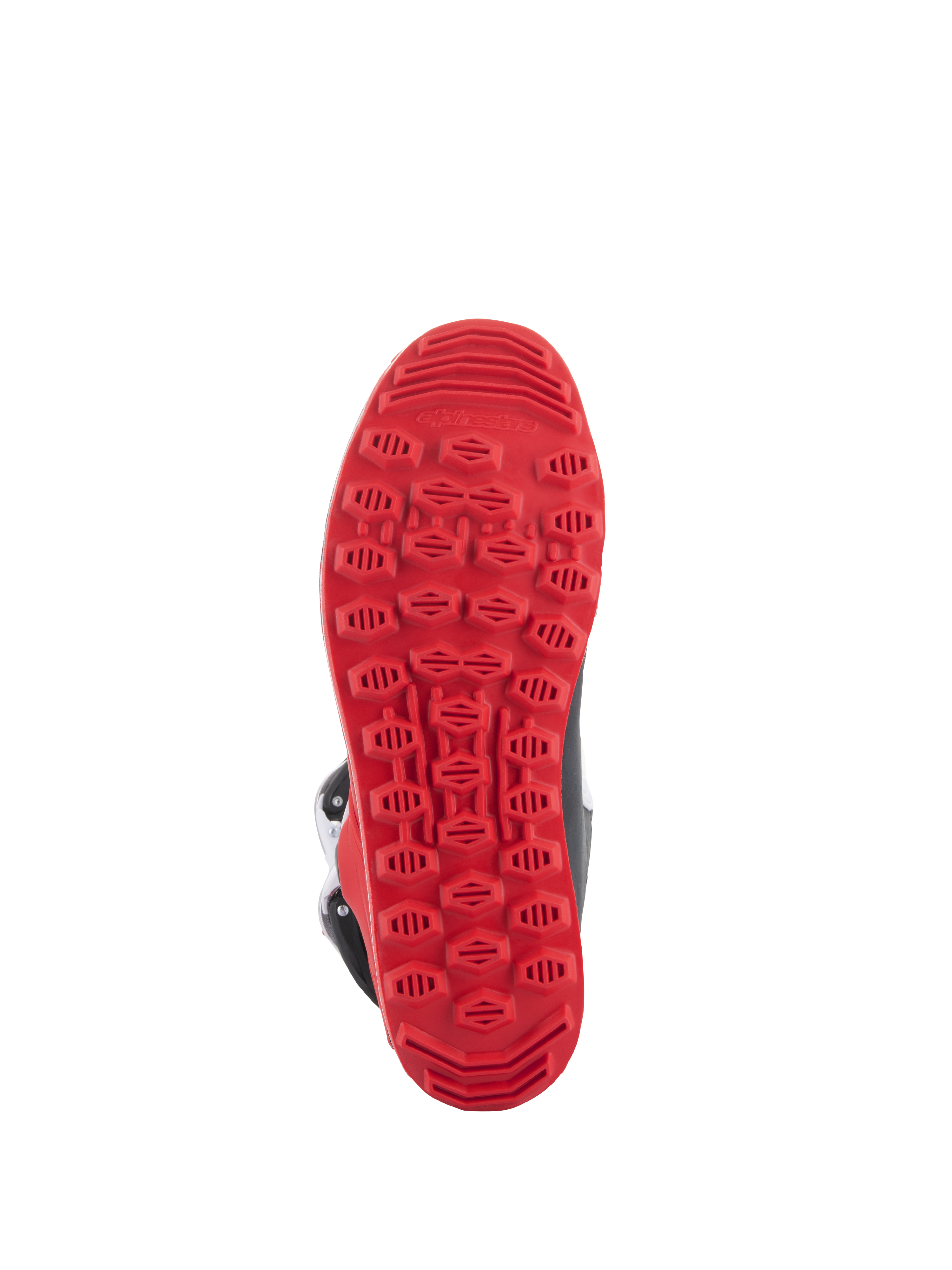 Alpinestars Tech-T laarzen, felrood zwart wit, speciaal ontwikkelde felrode rubberen zool met textuur voor optimale grip tijdens het trialrijden en maximale gevoeligheid op de voetsteunen