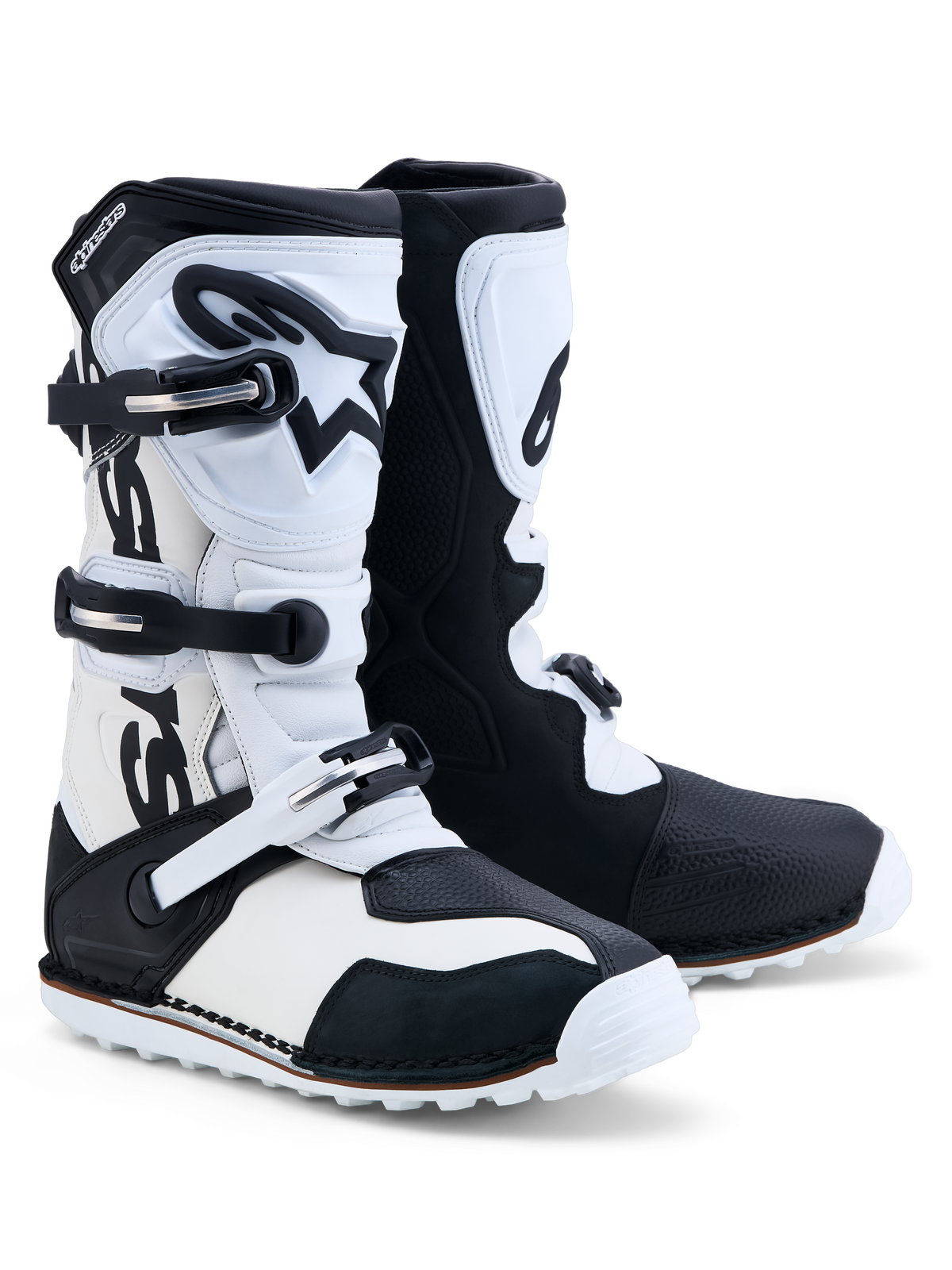 Alpinestars Tech-T laarzen, trial-motorlaarzen van zwart en wit leer, drie gespen, TPU-scheenplaat, CE-gecertificeerd.
