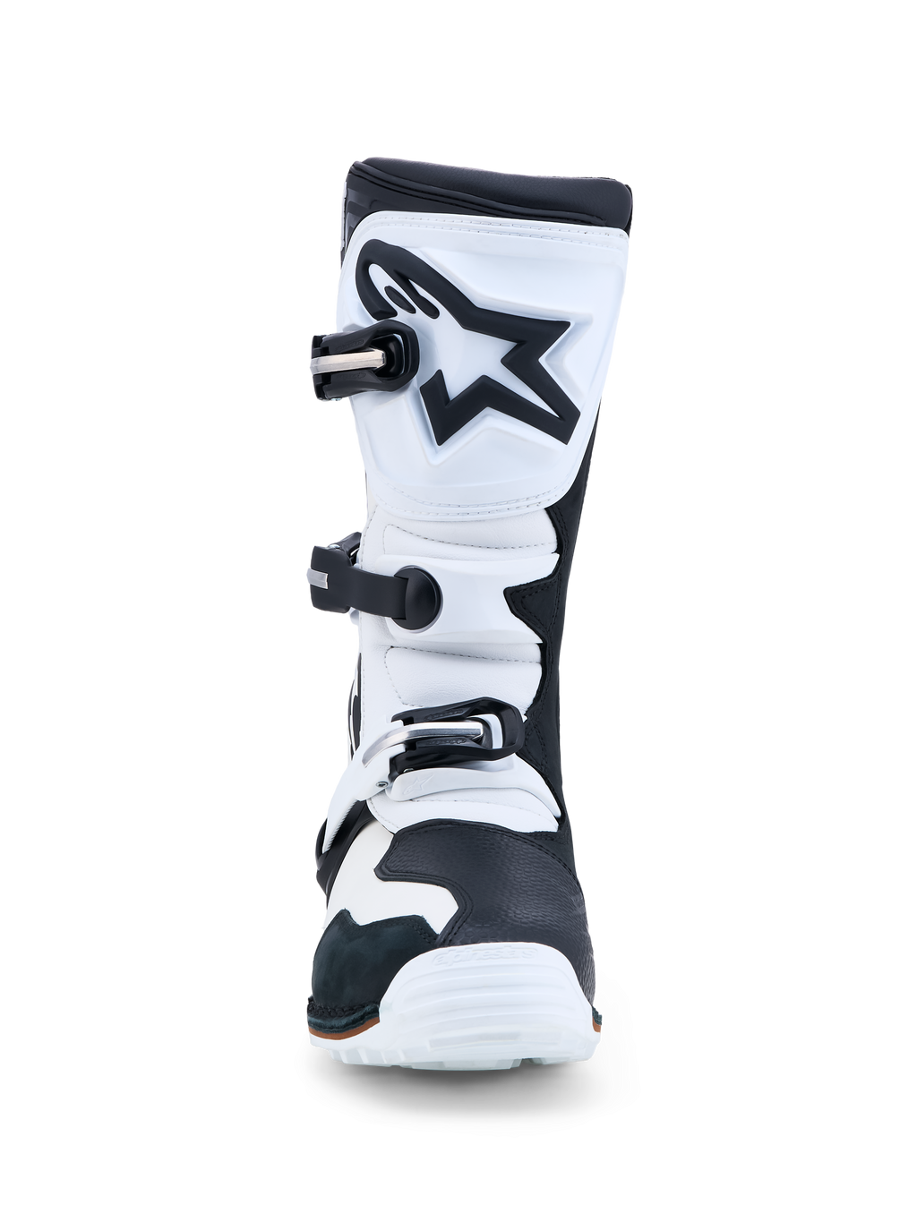 Alpinestars Tech-T laarzen, triallaarzen voor heren, zwart en wit leer, TPU-scheenbescherming, CE-gecertificeerd.