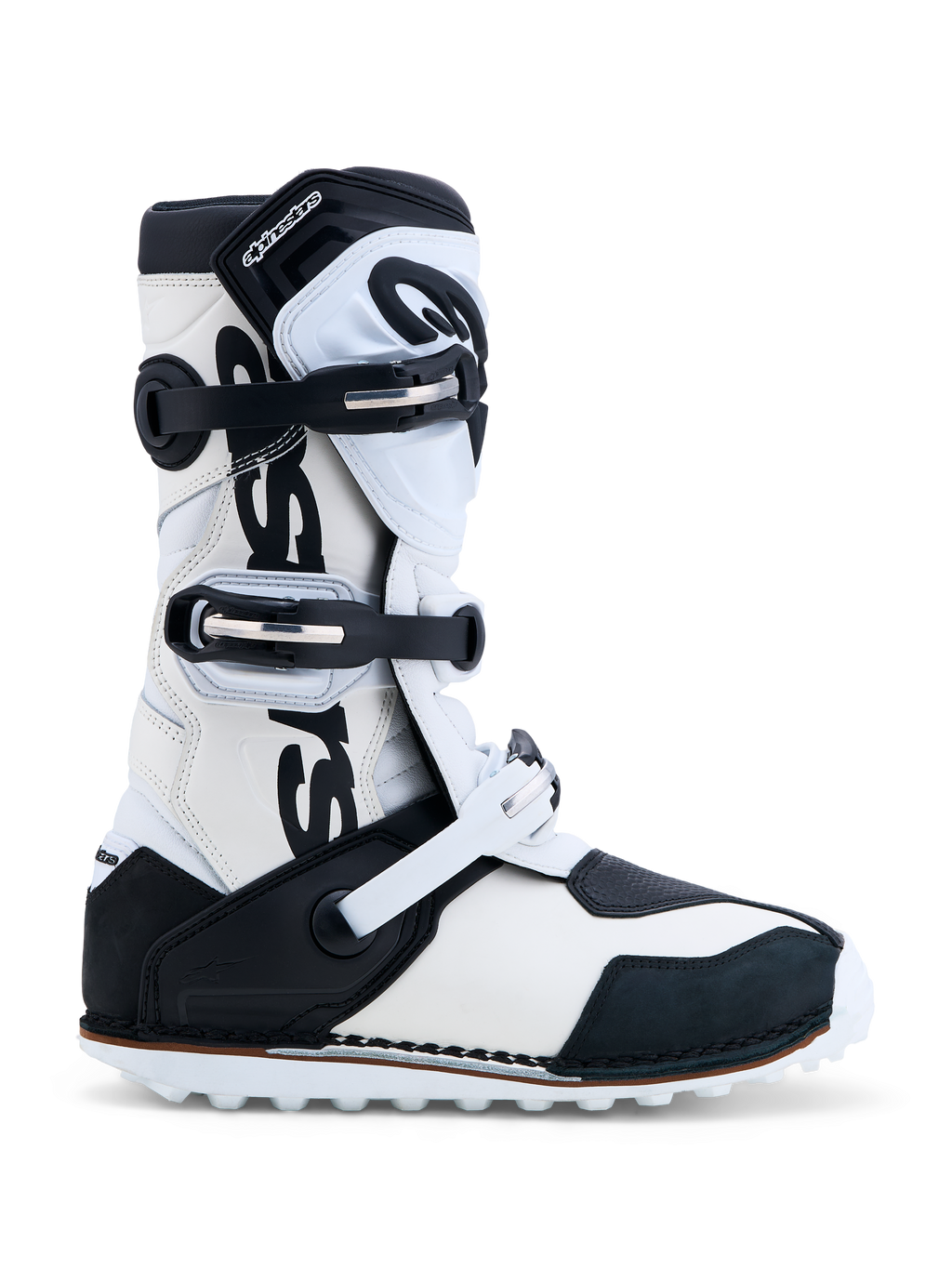 Alpinestars Tech-T laarzen, trialmotorlaarzen in zwart en wit, CE-gecertificeerd leer met een TPU-scheenplaat en gripzool.
