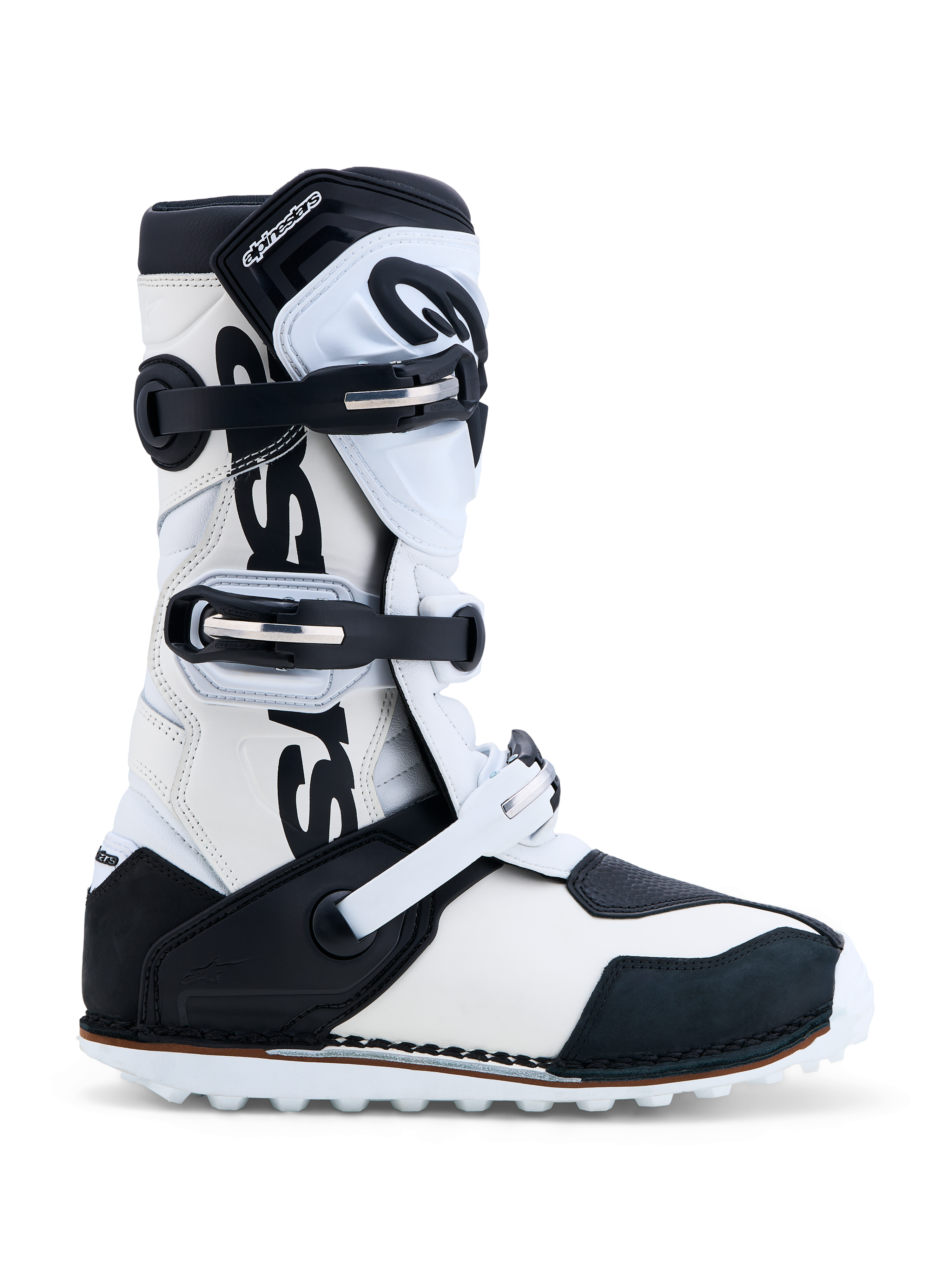 Alpinestars Tech-T laarzen, trialmotorlaarzen in zwart en wit, CE-gecertificeerd leer met een TPU-scheenplaat en gripzool.