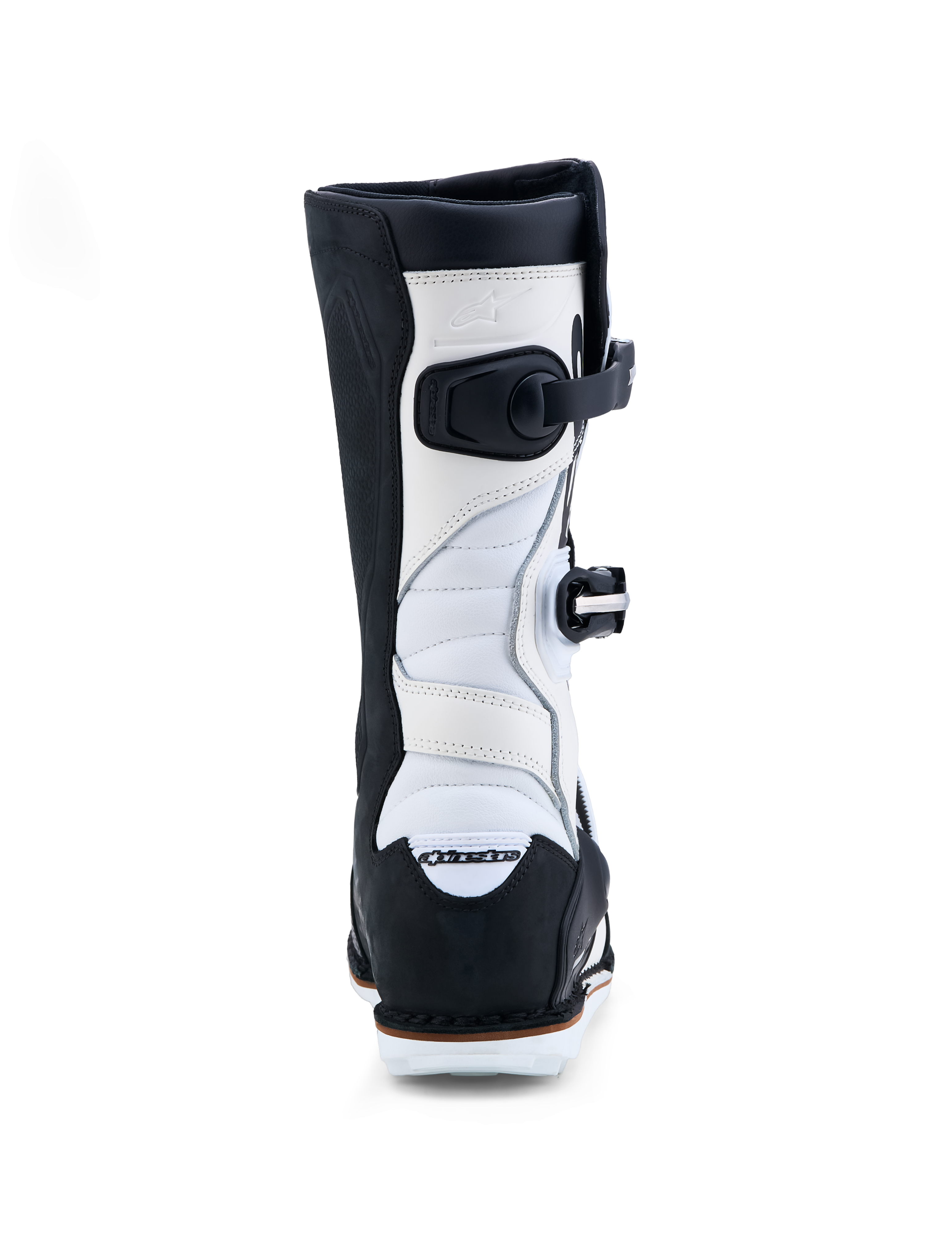 Alpinestars Tech-T laarzen, trialmotorlaarzen voor heren, zwart en wit, leer met accordeonstretchzones, achteraanzicht
