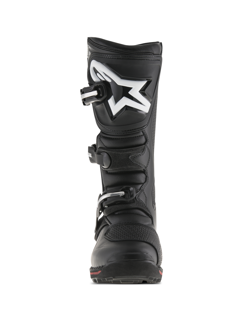 Alpinestars Tech-T laarzen, trials motorlaarzen, zwart en rood, vooraanzicht met ergonomische scheenplaat met wit Astar-logo, sluitingssysteem met drie gespen, duurzame lederen constructie met een rood accent op de zool