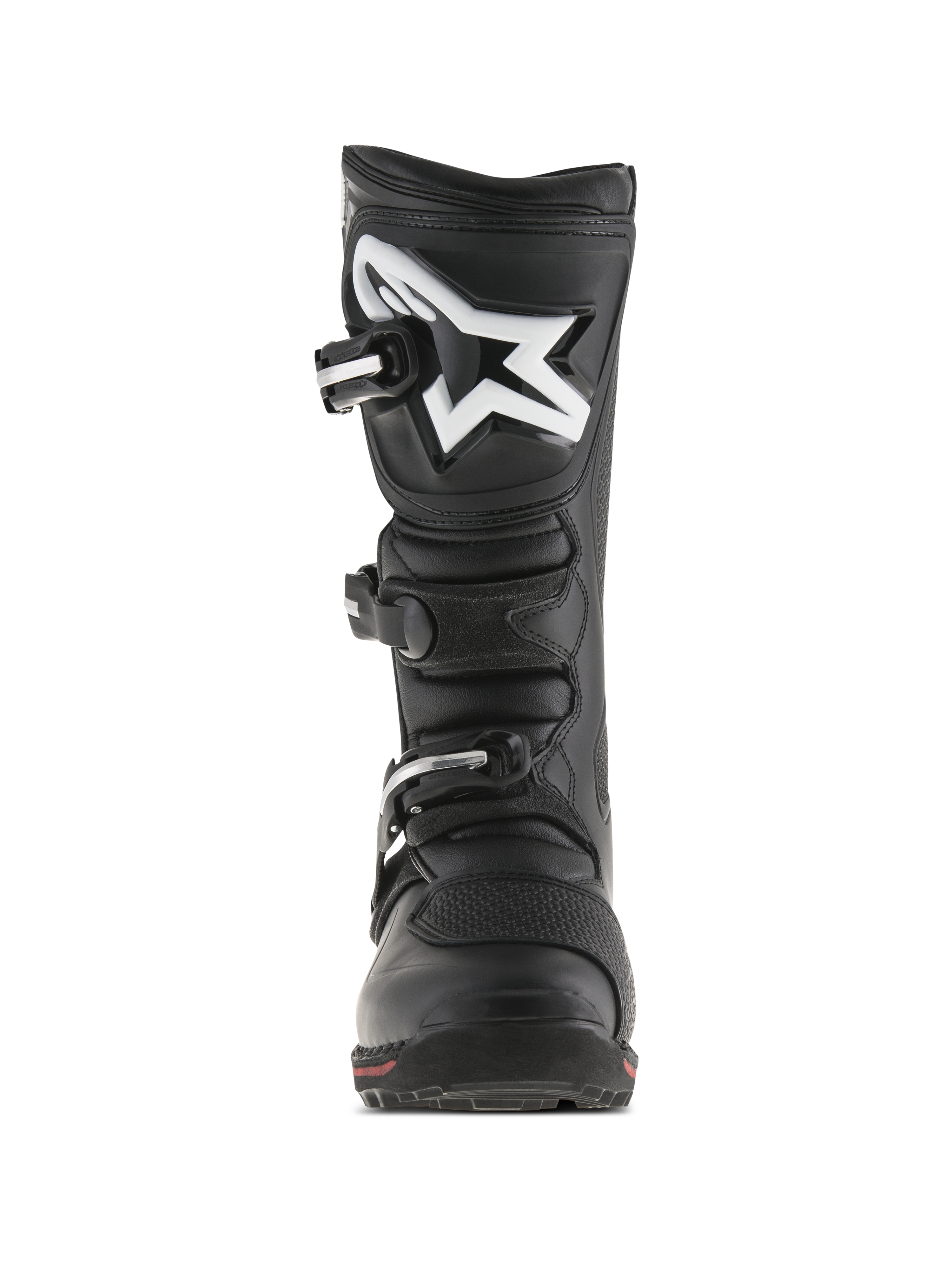 Alpinestars Tech-T laarzen, trials motorlaarzen, zwart en rood, vooraanzicht met ergonomische scheenplaat met wit Astar-logo, sluitingssysteem met drie gespen, duurzame lederen constructie met een rood accent op de zool