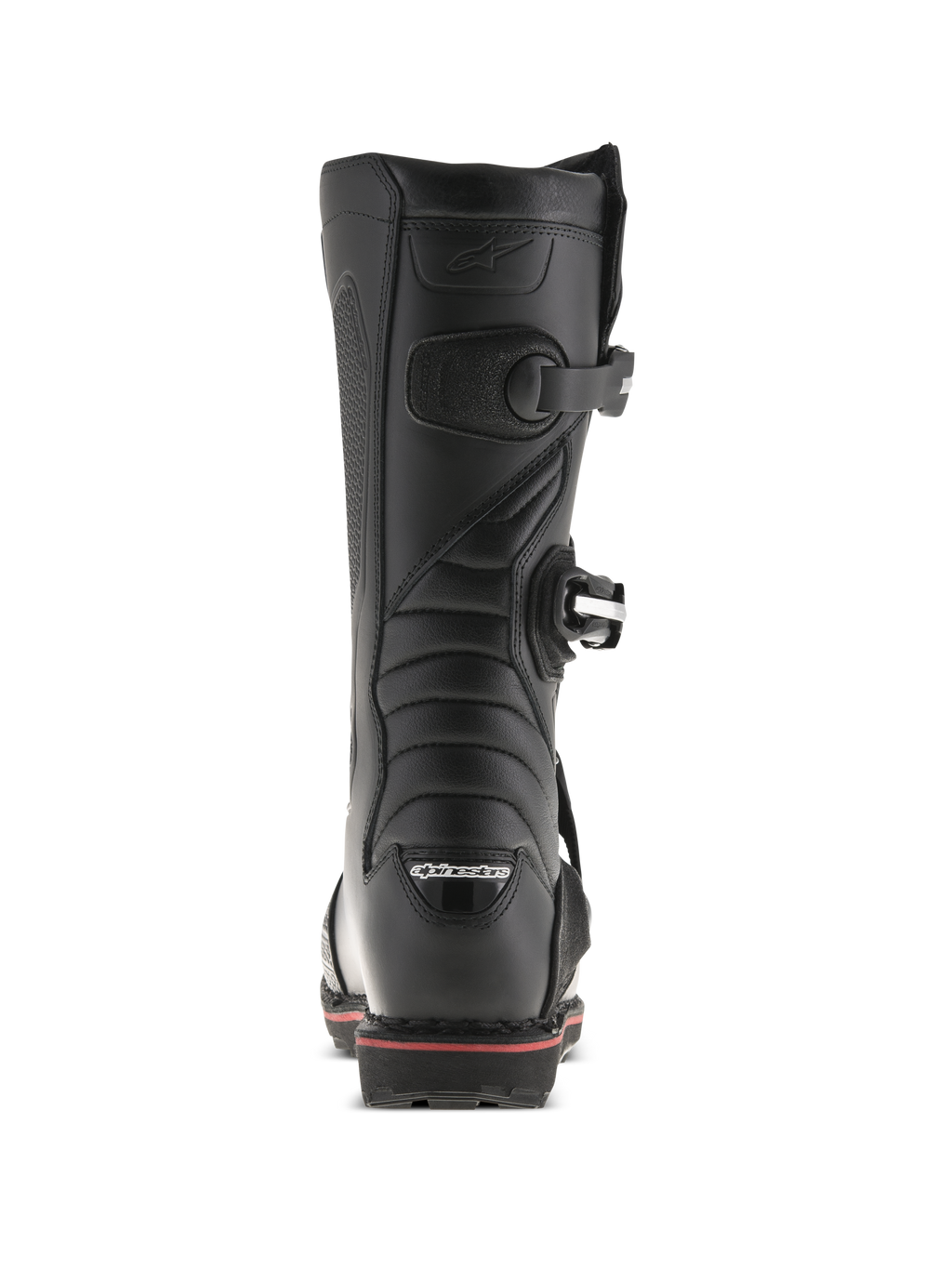 Alpinestars Tech-T laarzen, trials-laarzen, zwart en rood, achteraanzicht met Alpinestars-logo op de hiel, gespsluitingen en een rode accentlijn langs de zool, technisch off-road schoeisel ontwerp