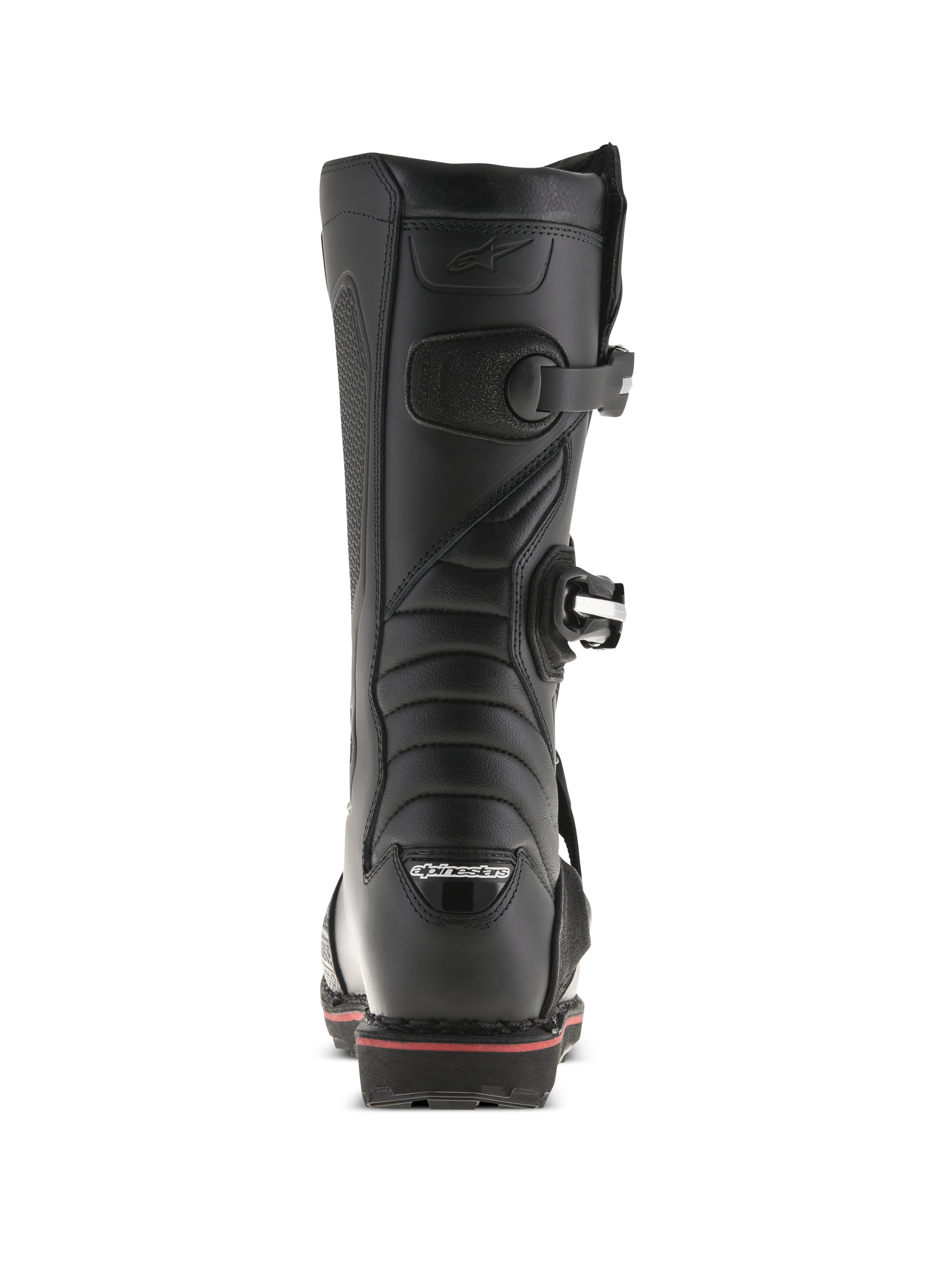 Alpinestars Tech-T laarzen, trials-laarzen, zwart en rood, achteraanzicht met Alpinestars-logo op de hiel, gespsluitingen en een rode accentlijn langs de zool, technisch off-road schoeisel ontwerp