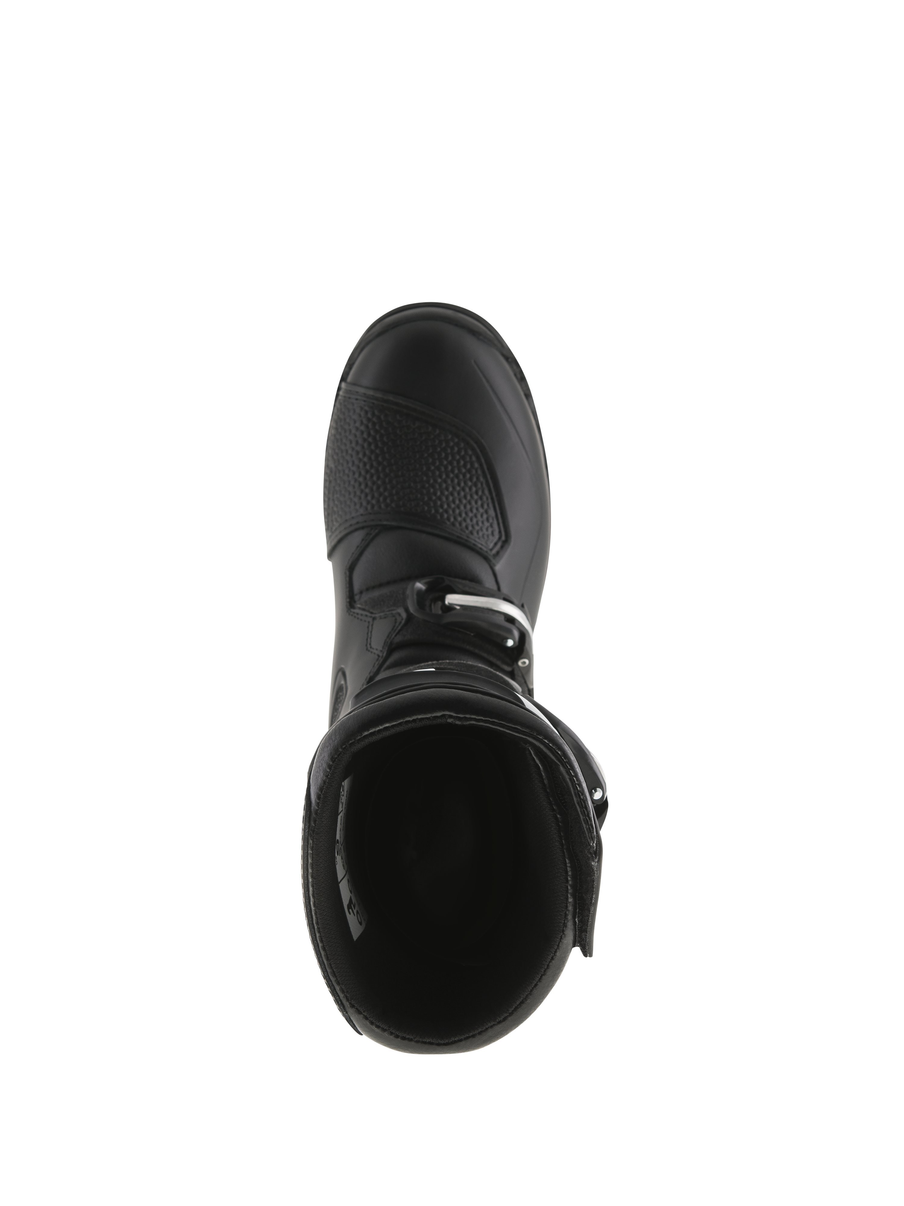 Alpinestars Tech-T laarzen, trial motorlaarzen, zwart, bovenaanzicht met zicht op de binnenopening, getextureerd schakelvlak op de neus en gespsluiting