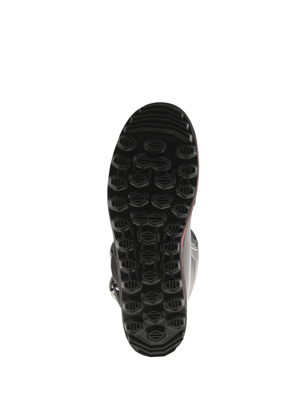 Alpinestars Tech-T laarzen, onderaanzicht van de zool, zwart met rode accenten, voorzien van een getextureerd hexagonaal noppenpatroon, speciaal ontwikkelde trials-zool ontworpen voor maximale grip en gevoel op de voetsteunen