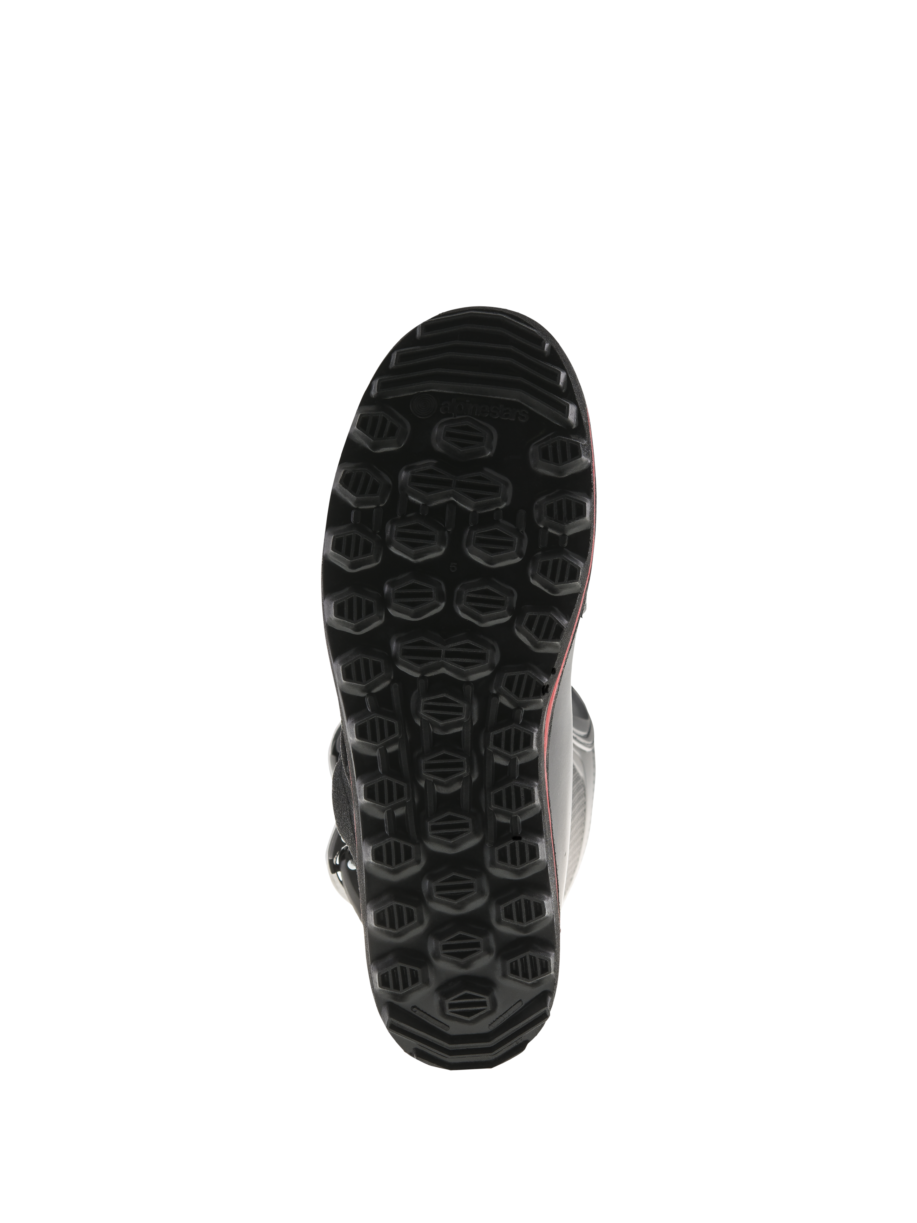 Alpinestars Tech-T laarzen, onderaanzicht van de zool, zwart met rode accenten, voorzien van een getextureerd hexagonaal noppenpatroon, speciaal ontwikkelde trials-zool ontworpen voor maximale grip en gevoel op de voetsteunen