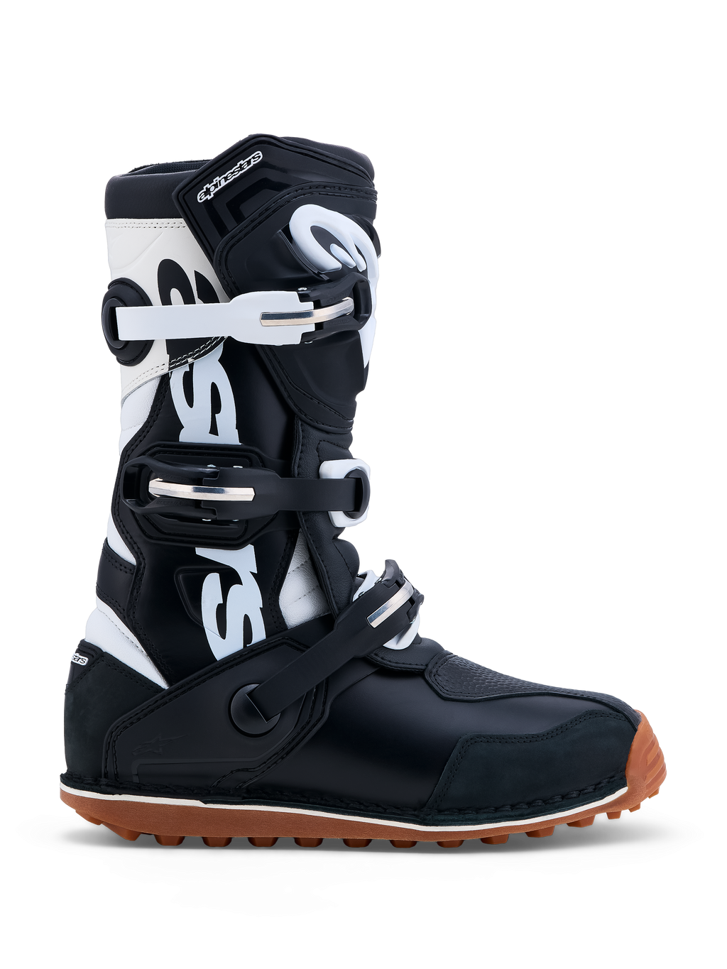 Alpinestars Tech-T laarzen, heren trialsmotorlaarzen, zwart en wit leer, CE-gecertificeerd, rubberen zool met hoge grip.