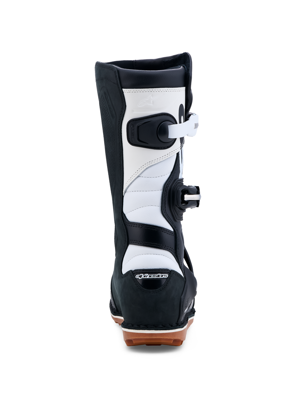 Alpinestars Tech-T laarzen, trial-motorlaarzen in zwart en wit, CE-gecertificeerd lederen constructie met rubberen gumzool, achteraanzicht.