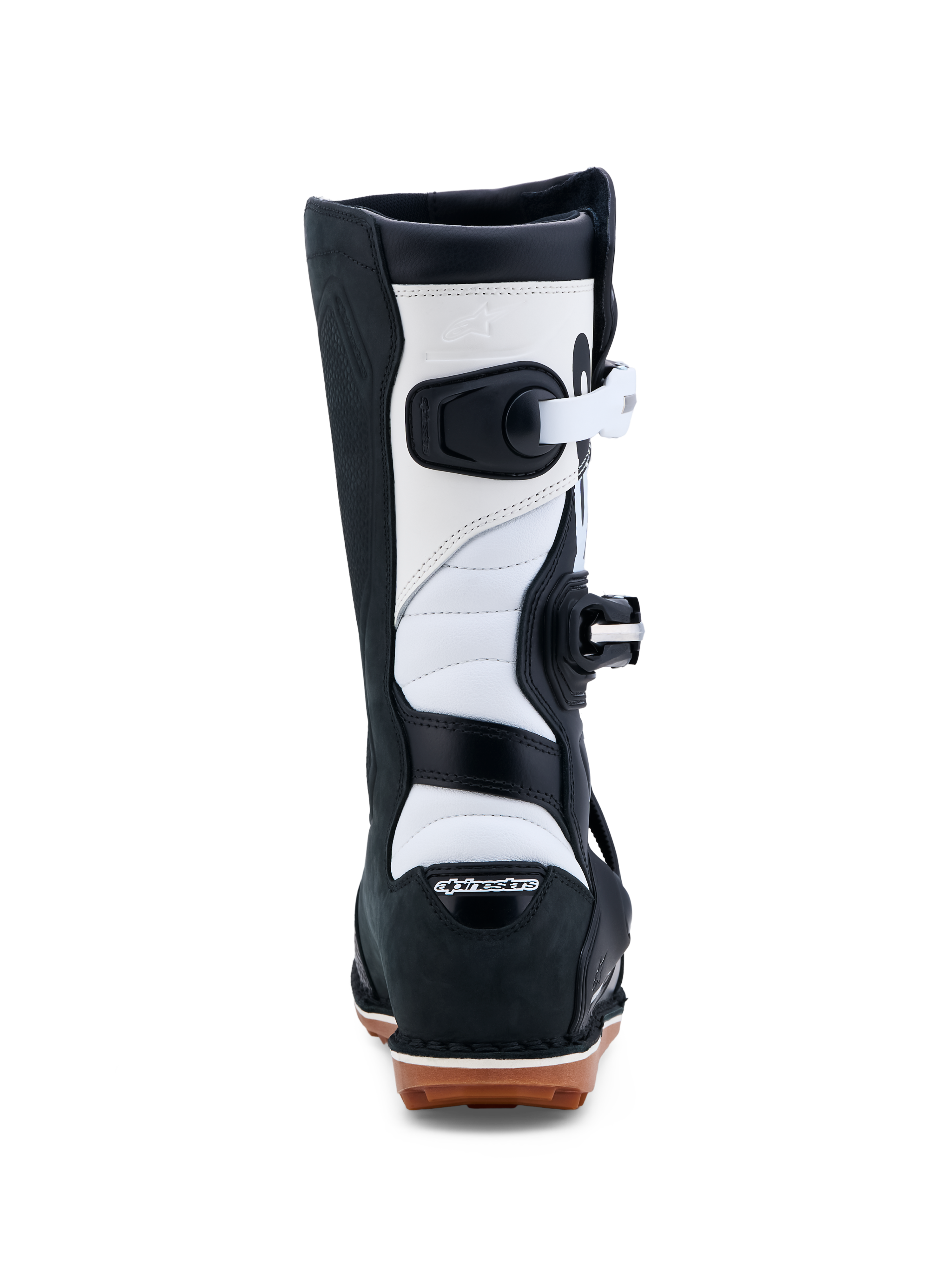 Alpinestars Tech-T laarzen, trial-motorlaarzen in zwart en wit, CE-gecertificeerd lederen constructie met rubberen gumzool, achteraanzicht.