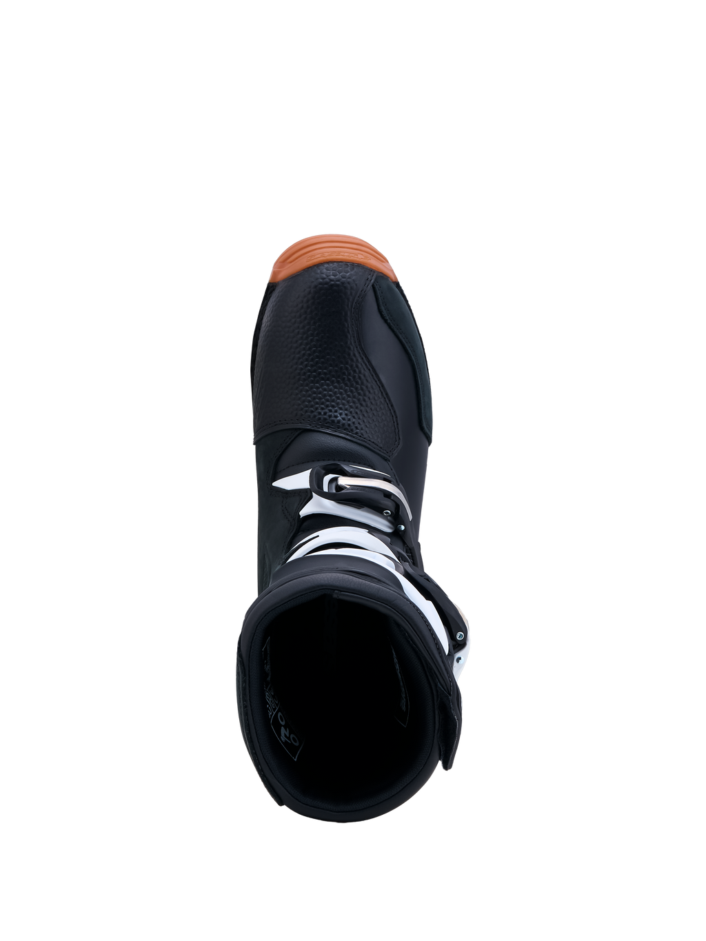 Alpinestars Tech-T laarzen, trial motorlaarzen voor heren, zwart en wit met bruine rubberen zool, bovenaanzicht van de instapopening en gespsluitingen.