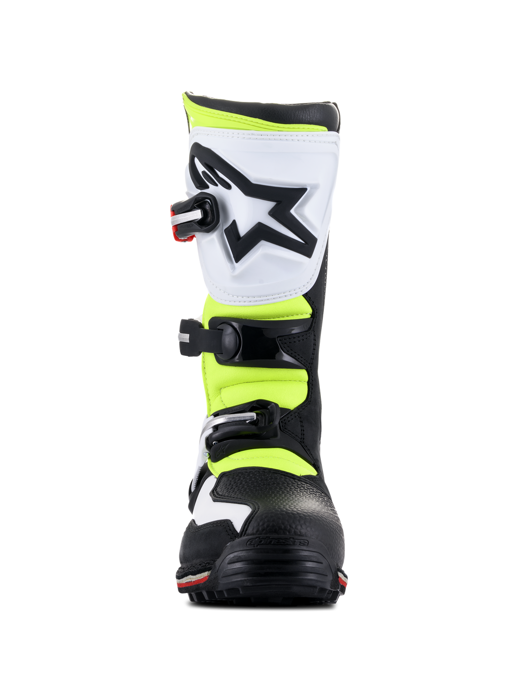 Alpinestars Tech-T laarzen, trial-schoeisel, wit, rood, fluogeel en zwart, vooraanzicht, met een witte ergonomische scheenplaat met zwart ster-logo, verstelbare gespen en high-visibility gele panelen.