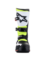 Alpinestars Tech-T laarzen, trial-schoeisel, wit, rood, fluogeel en zwart, vooraanzicht, met een witte ergonomische scheenplaat met zwart ster-logo, verstelbare gespen en high-visibility gele panelen.