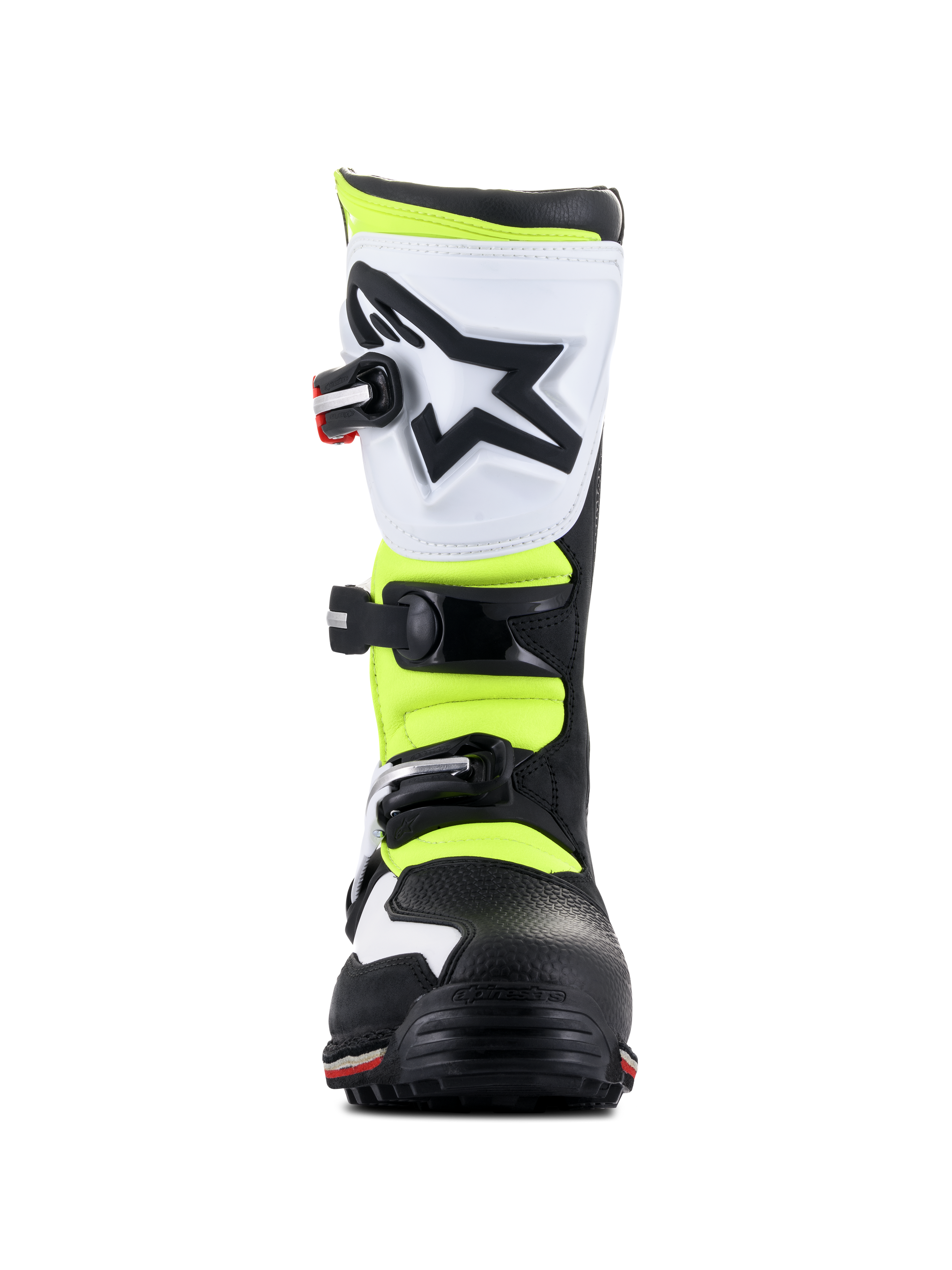 Alpinestars Tech-T laarzen, trial-schoeisel, wit, rood, fluogeel en zwart, vooraanzicht, met een witte ergonomische scheenplaat met zwart ster-logo, verstelbare gespen en high-visibility gele panelen.