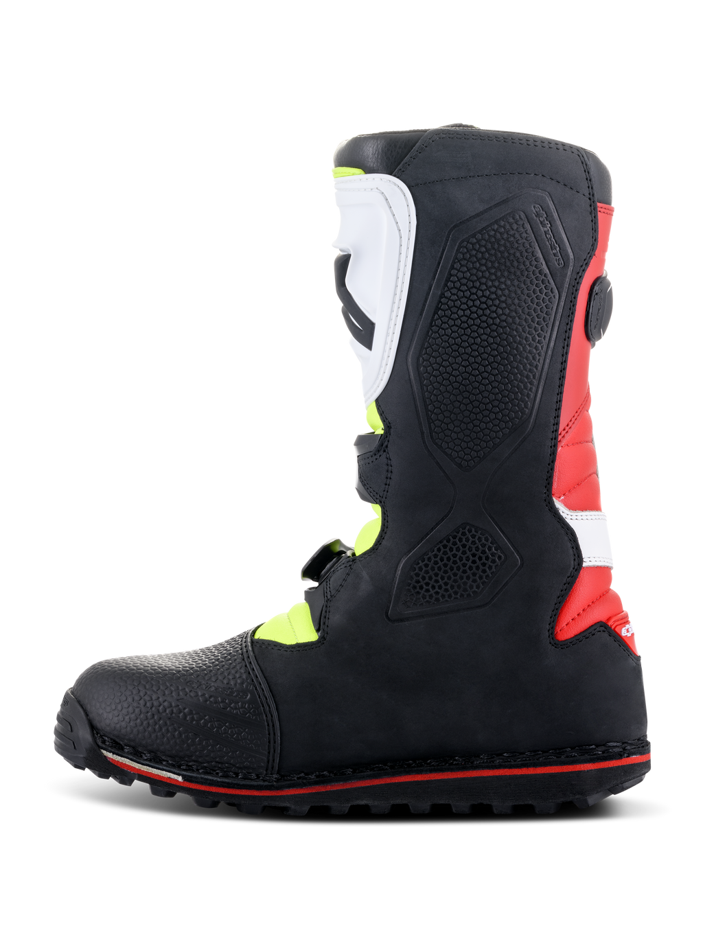 Alpinestars Tech-T laarzen, trial motorlaarzen, wit rood fluogeel en zwart, zijaanzicht met ergonomische witte scheenplaat en gespsysteem, rood hielpaneel en gespecialiseerde trialzool met rode accentlijn