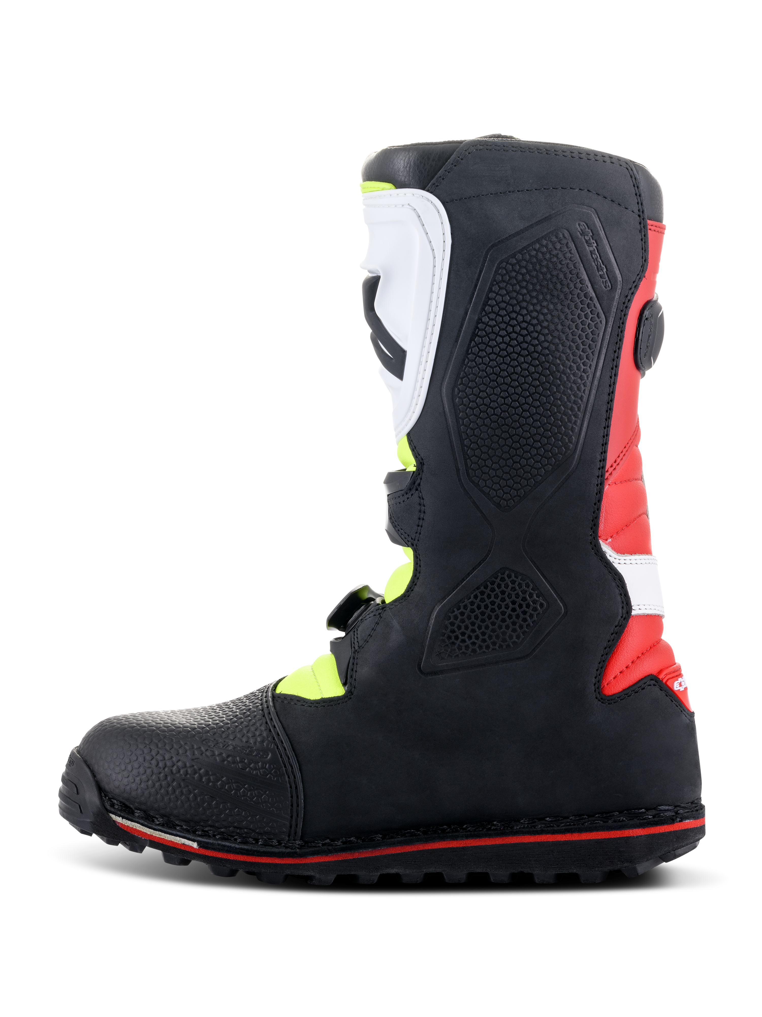 Alpinestars Tech-T laarzen, trial motorlaarzen, wit rood fluogeel en zwart, zijaanzicht met ergonomische witte scheenplaat en gespsysteem, rood hielpaneel en gespecialiseerde trialzool met rode accentlijn