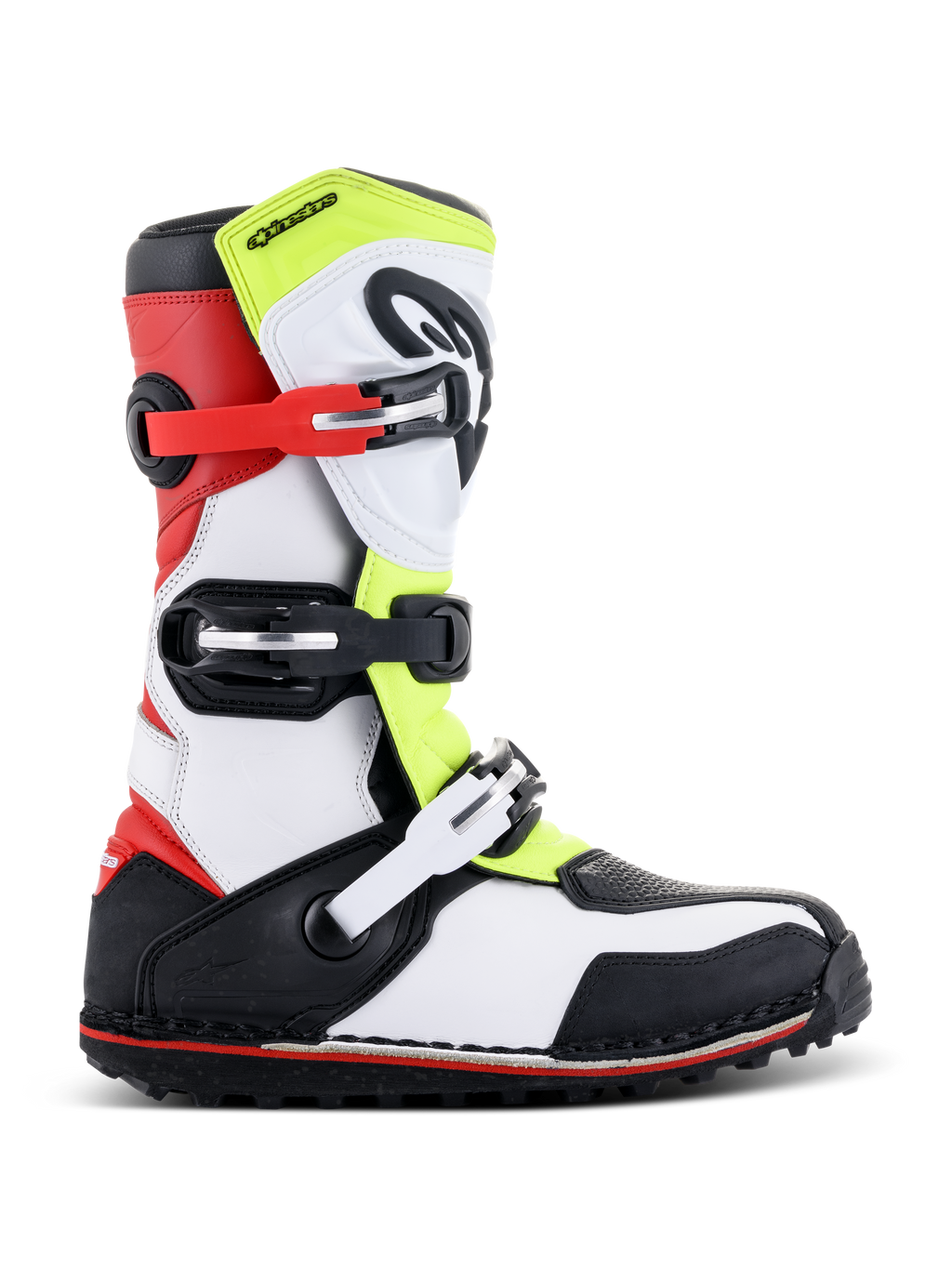Alpinestars Tech-T laarzen, trials motorlaarzen, wit, rood, fluorescerend geel en zwart, voorzien van drie verstelbare gespsluitingen, ergonomische scheenplaat, robuuste zwarte zool met rood accent, ontworpen voor off-road trial rijden