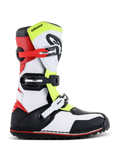 Alpinestars Tech-T laarzen, trials motorlaarzen, wit, rood, fluorescerend geel en zwart, voorzien van drie verstelbare gespsluitingen, ergonomische scheenplaat, robuuste zwarte zool met rood accent, ontworpen voor off-road trial rijden