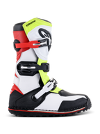 Alpinestars Tech-T laarzen, trials motorlaarzen, wit, rood, fluorescerend geel en zwart, voorzien van drie verstelbare gespsluitingen, ergonomische scheenplaat, robuuste zwarte zool met rood accent, ontworpen voor off-road trial rijden