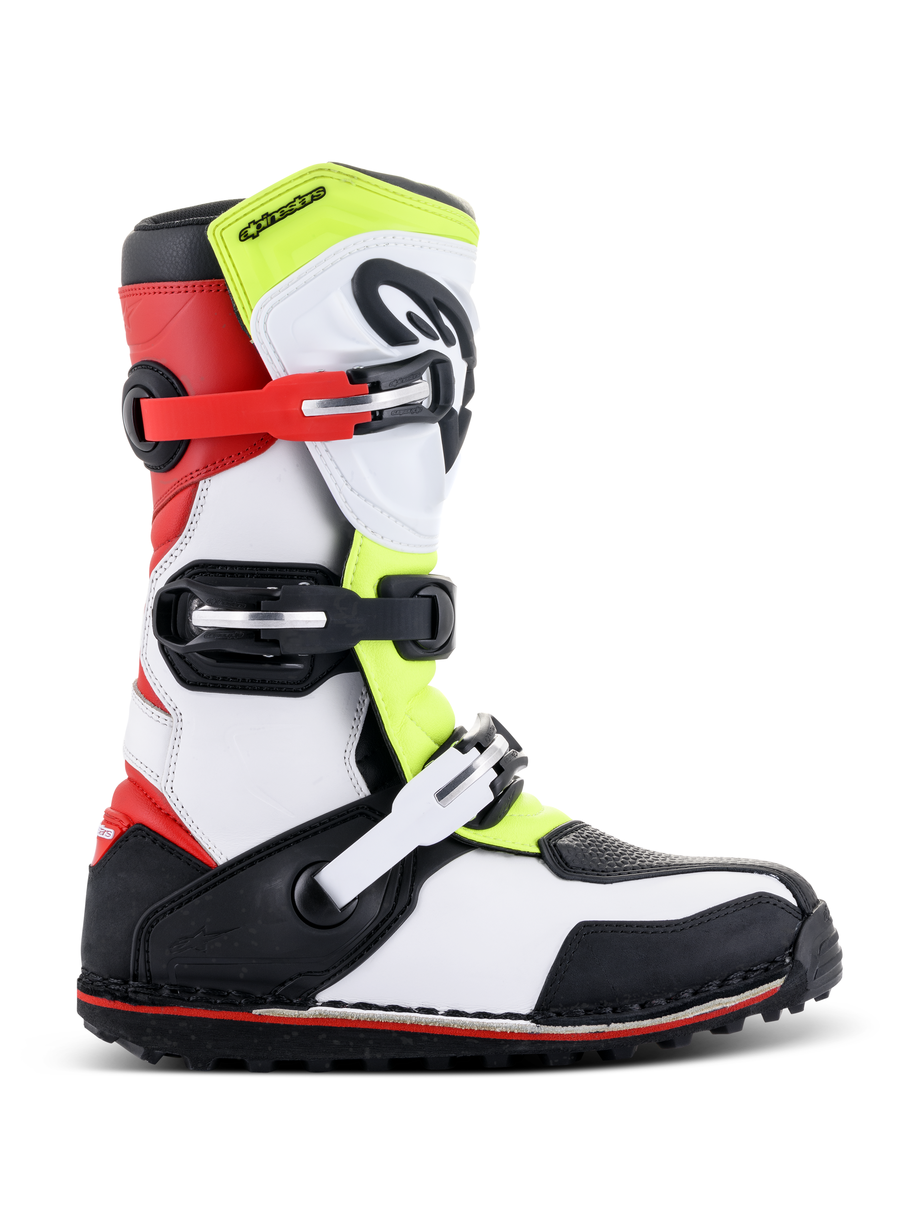 Alpinestars Tech-T laarzen, trials motorlaarzen, wit, rood, fluorescerend geel en zwart, voorzien van drie verstelbare gespsluitingen, ergonomische scheenplaat, robuuste zwarte zool met rood accent, ontworpen voor off-road trial rijden