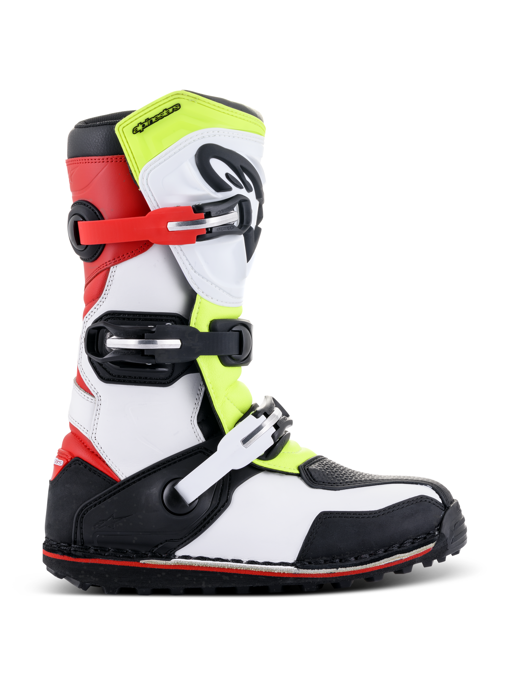 Alpinestars Tech-T laarzen, trial motorlaarzen, wit rood fluogeel en zwart, voorzien van een beschermende scheenplaat, verstelbare gespen in rood en zwart en een gespecialiseerde zool voor trialrijden, zijaanzicht